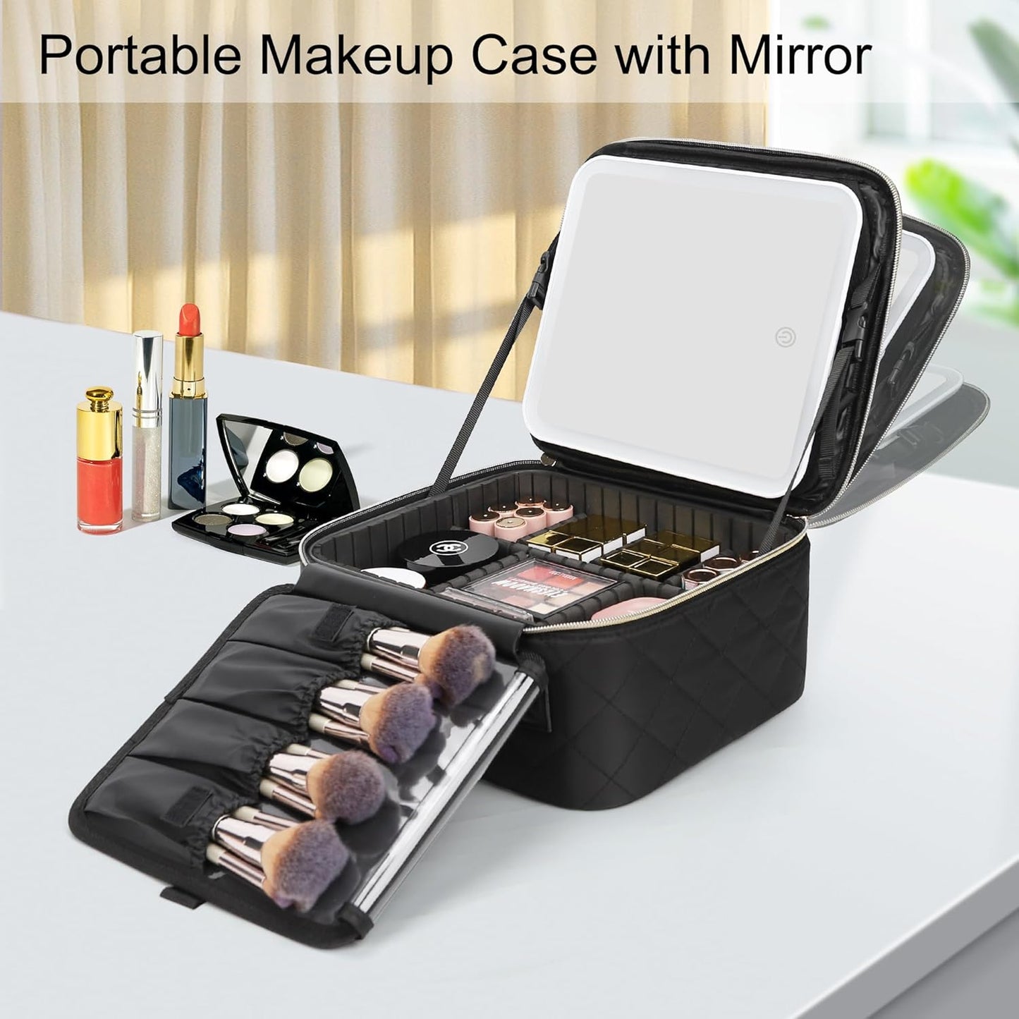 Relavel Travel Makeup Bag With Light Up Mirror, Cosmetic Train Case with LED Mirror, Professional Makeup Case for Makeup Artist, Waterproof Makeup Brush Holder Organizer Storage, Rhombus Black