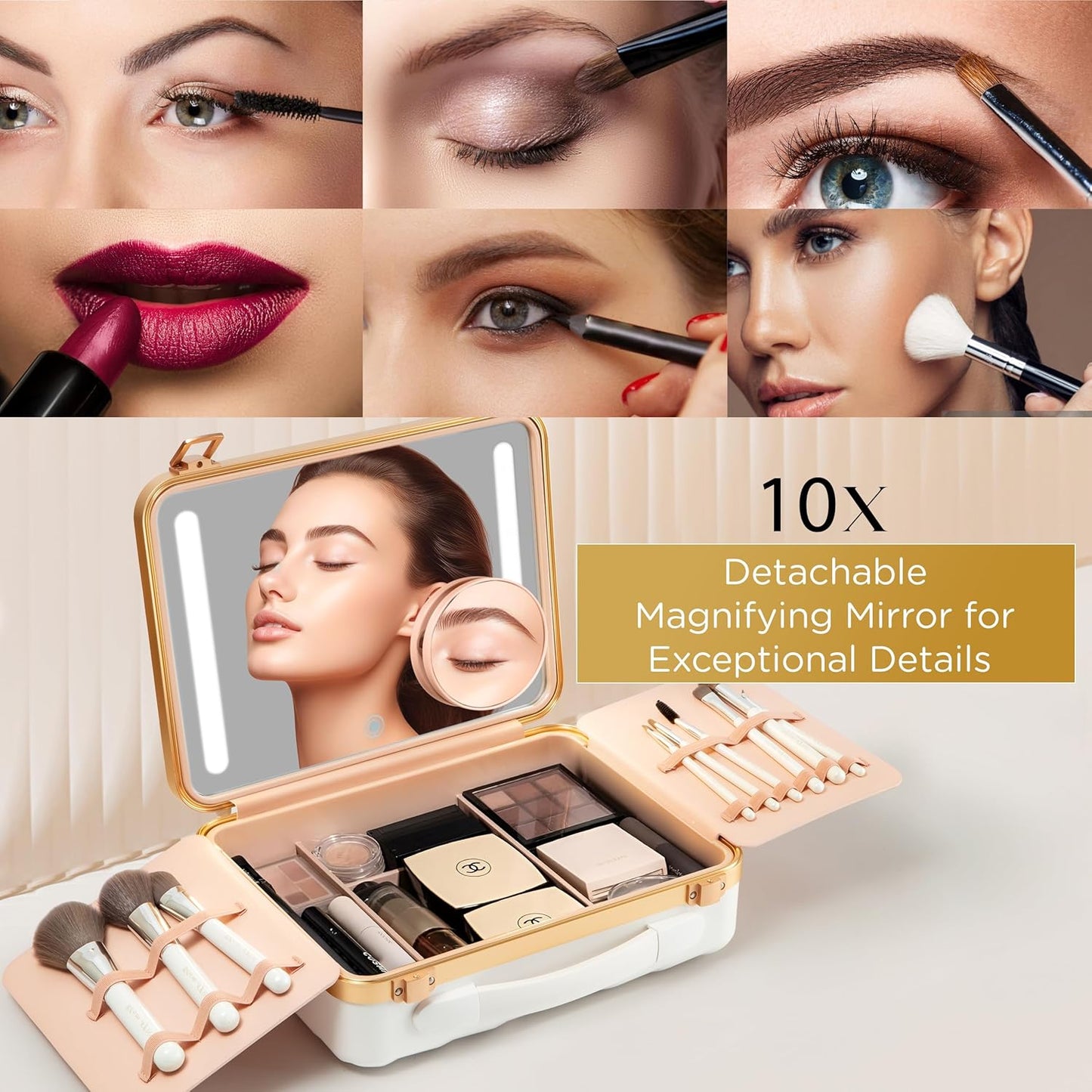 Lighted Makeup Case with Mirror - Portable Travel Makeup Organizer with LED Mirror, 3 Light Settings, Rechargeable Makeup Bag with Mirror and Light - Mini 10x Mirror included