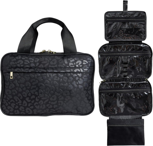 Nicole Miller New York Once Upon a Rose Makeup Bag, Multifunctional Travel and Toiletries Bag, Cosmetics Essentials Accessories Bag, Luxurious, Classic, Chic, and Stylish, Black Cow