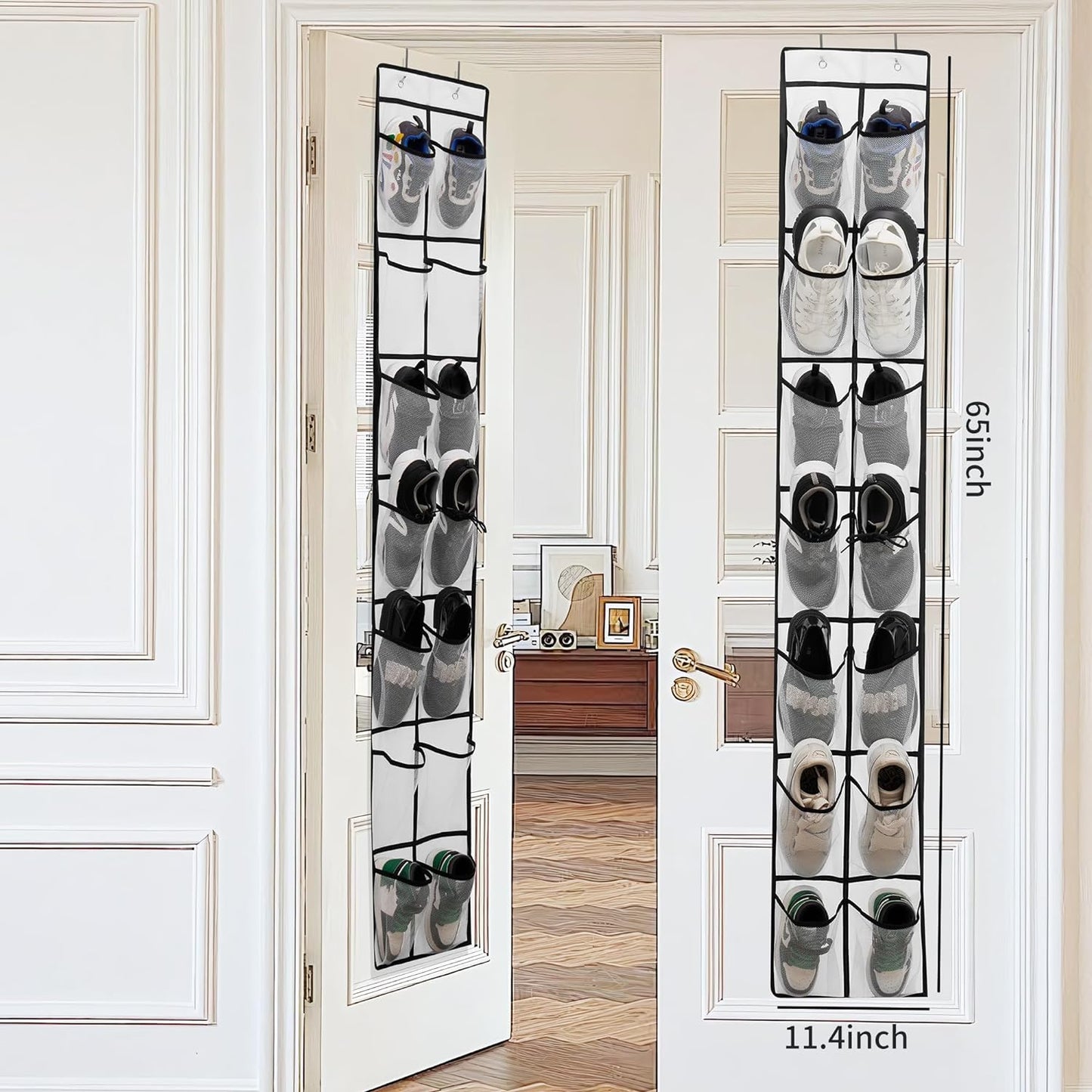 Over The Door Shoe Organizer, 14 Large Mesh Pockets Hanging Shoe Rack for Closet Organizers and Storage, White, 2-pack (white)