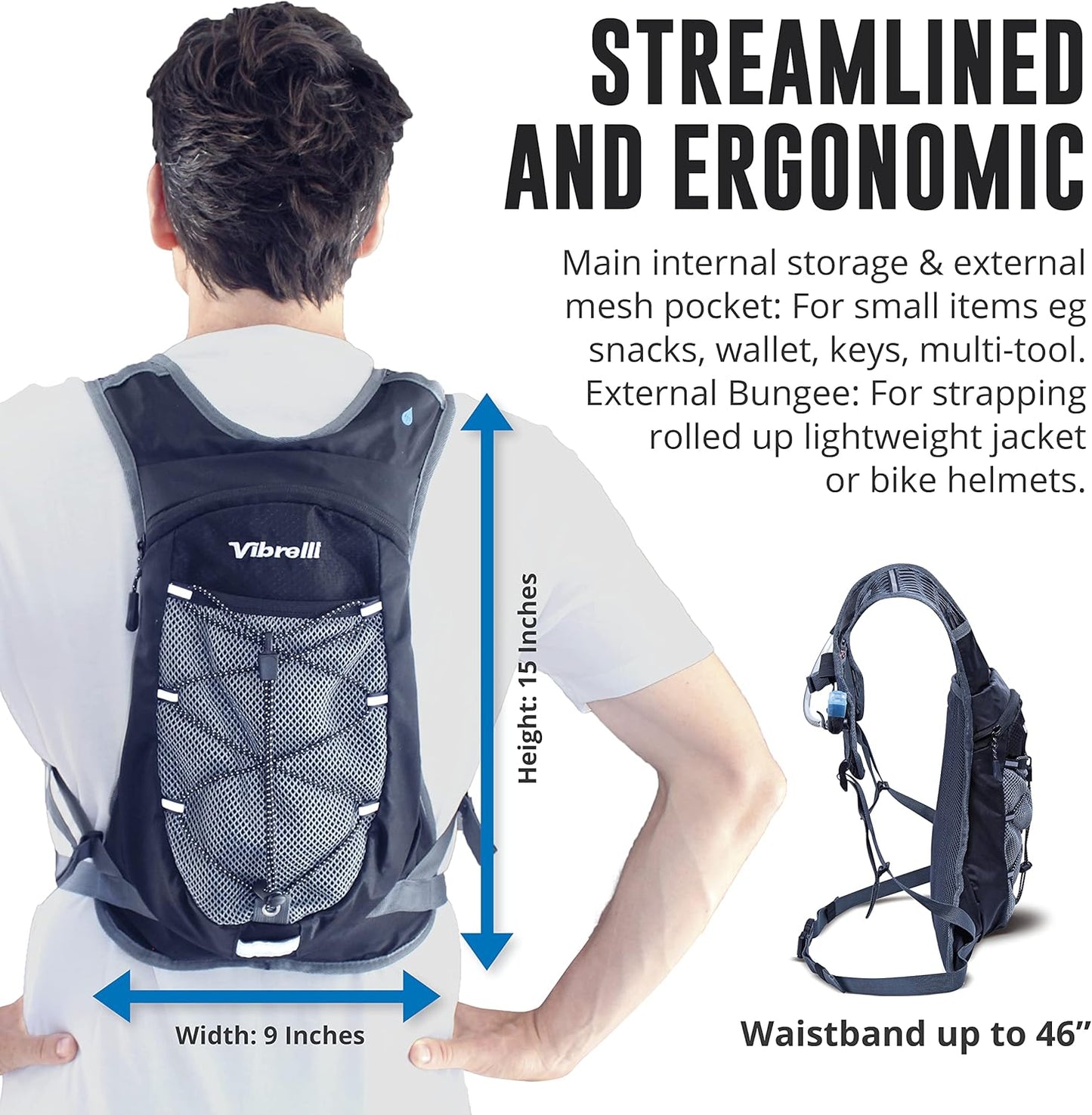 Vibrelli Hydration Backpack & 2L Hydration Bladder - High Flow Bite Valve - Hydration Pack for Cycling, Running, Hiking