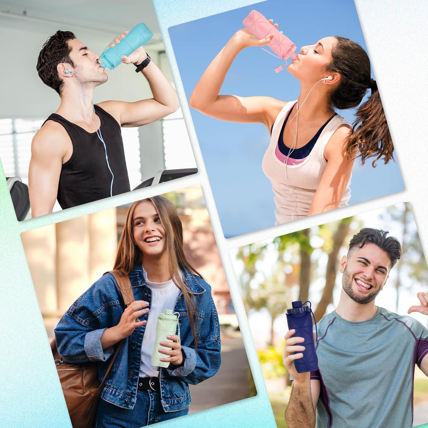 YCT Collapsible Silicone Travel Water Bottle 20oz (600ml), Reuseable Leakproof BPA Free Foldable Sports Bottle, with Carrying Strap, Blue + Pink