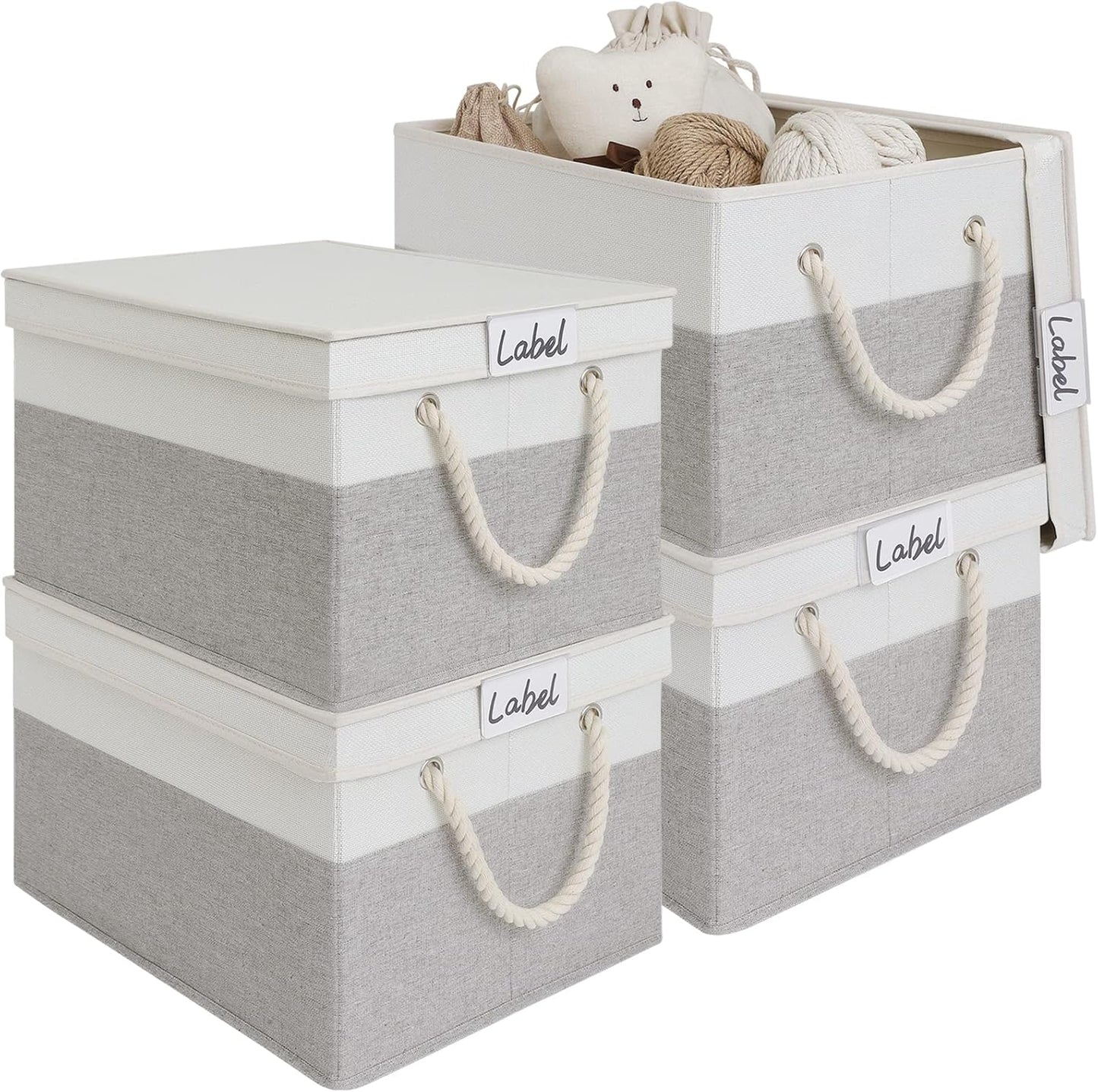 LoforHoney Home Fabric Storage Bins with Lids for Organizing, Foldable Closet Storage Boxes for Shelves, Clothes Baskets with Cotton Rope Handles, XLarge, Beige & Gray, 4-Pack