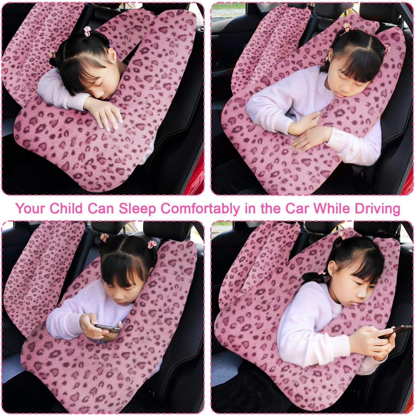 Travel Pillow, Travel Pillow for Kids, Sleeper Hold Pillow Travel, Removable U-Shaped Pillow for Adults and Children to Support Head and Body in The Back Seat of Long Car Trips (Pink Leopard Print)