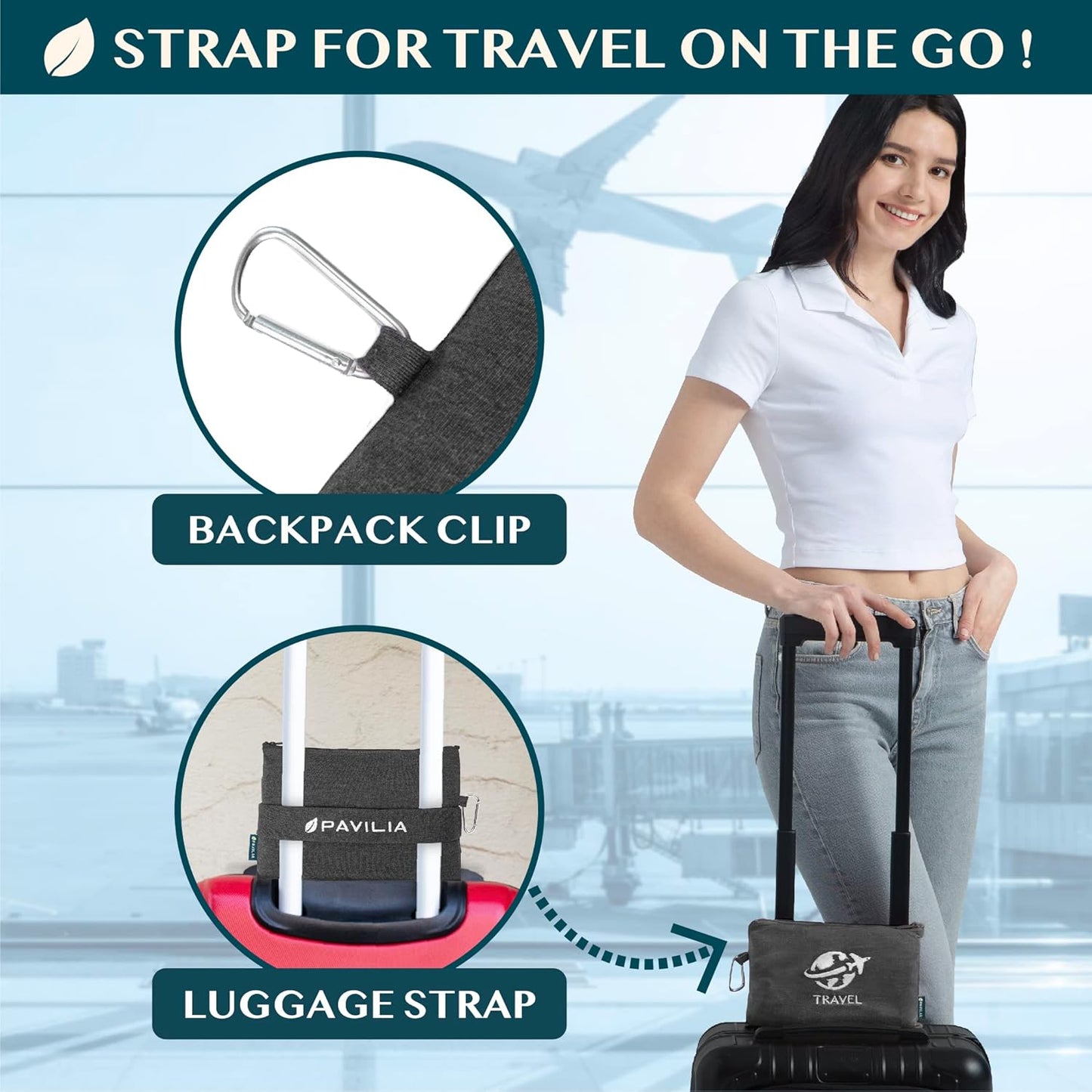 PAVILIA Travel Blanket Airplane Compact with Bag, Small Travel Pillow Blanket for Long Flights, Lightweight Plane Blanket with Luggage Strap, Camping Blanket for Traveler Essentials, Black, 65x40