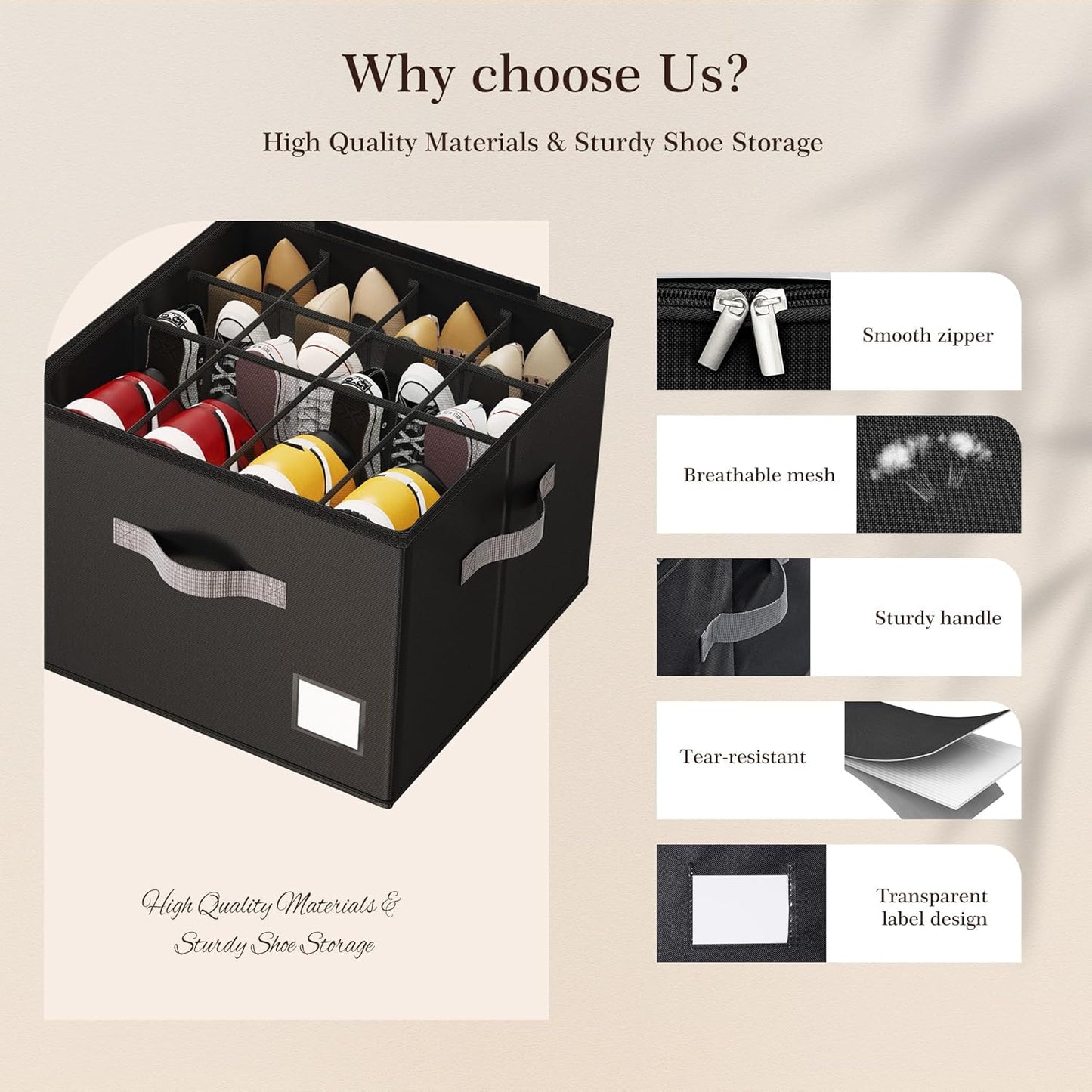 Criusia Shoe Organizer for Closet, Foldable Shoe Storage Organizer with Clear Cover and Sturdy Handles, Fit 12-16 Pairs, Closet Organizer for Shoes Sneakers Sandals Heels, 2 Pack, Black