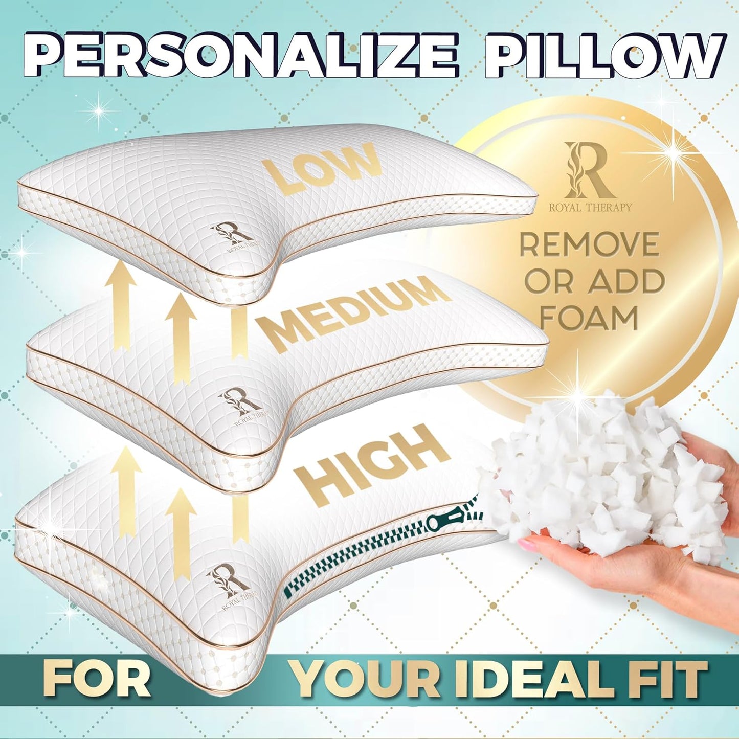 Royal Therapy King Pillows 2 Pack - Shredded Memory Foam Pillows for All Sleep Positions - Medium Firm Pillow with Adjustable Loft, Bamboo Rayon Cover, CertiPUR-US, Oeko-TEX Certified
