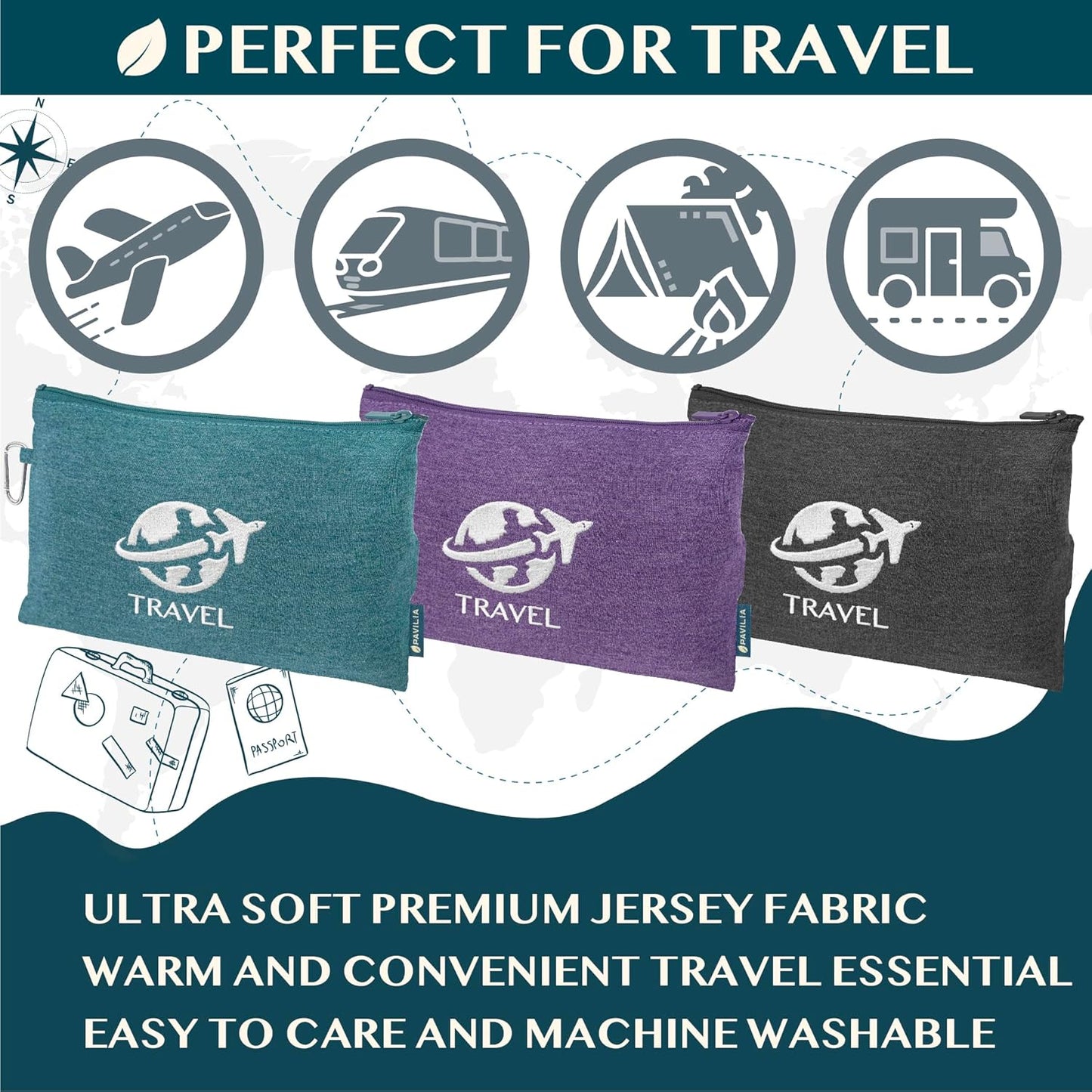 PAVILIA Travel Blanket Airplane Compact with Bag, Small Travel Pillow Blanket for Long Flights, Lightweight Plane Blanket with Luggage Strap, Camping Blanket for Traveler Essentials, Black, 65x40