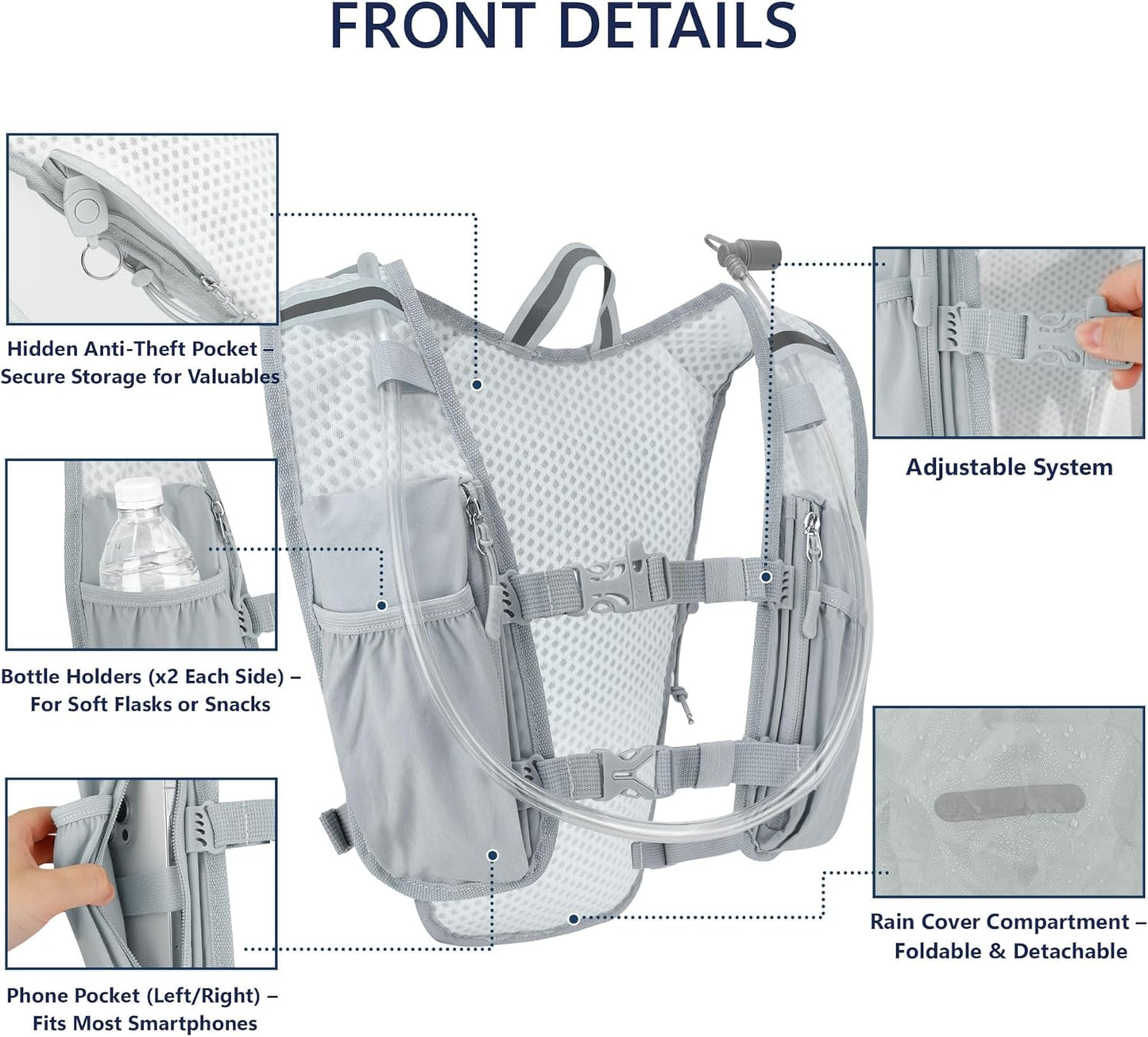 Zavothy Hydration Running Vest for Men & Women – Lightweight 1.5L Hydration Pack with Phone Pockets, Water Bottle Holders, Reflective Strips, Rain Cover – Trail Running, Cycling, Marathon