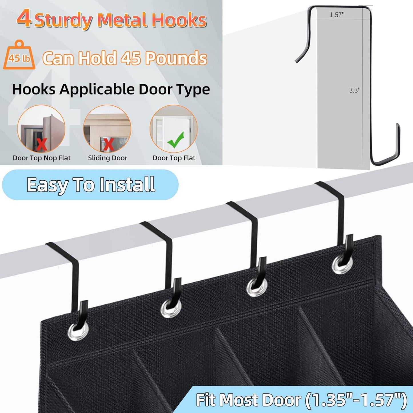 Over The Door Shoe Organizer with Large Deep Pockets Door Shoe Rack for Narrow Door Hanging Multifunction Shoe Holder for Dorm Closet Door, Black 16 Pockets