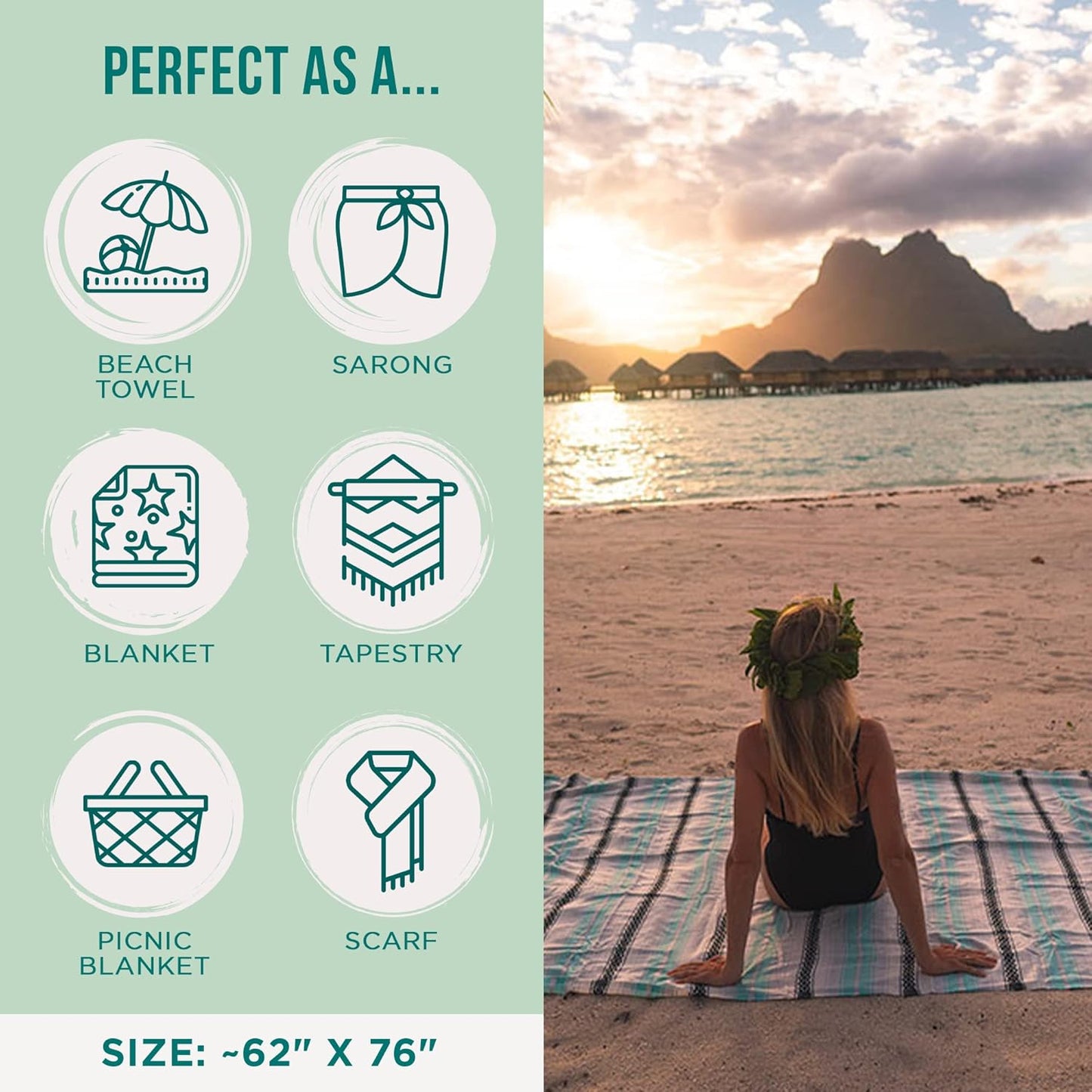Sand Cloud Extra Large Turkish Beach Towel - Sand Free - 100% Organic Turkish Cotton Yarn - Quick Dry Towel for Beach, Picnic Blanket or Throw - As Seen on Shark Tank - Tie Dye (Mint Baja)
