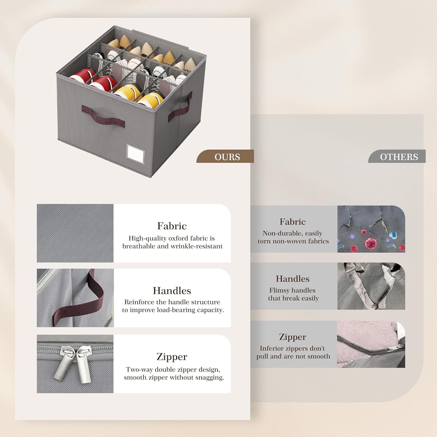 Criusia Shoe Organizer for Closet, 3 Pack Shoe Organizer with Transparent Cover and Sturdy Handles, Closet Shoe Storage for Sneakers Sandals Slippers, Fit 12-16 Pairs, Gray