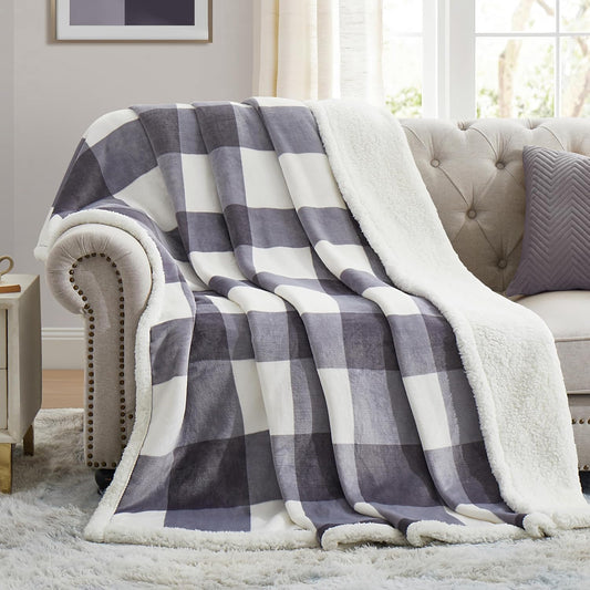 PU MEI Sherpa Blanket Fleece Throw Blanket Twin Plaid Thick Bed Blanket, Soft Warm Cozy Grey Checkered Throw Blanket 60"*80"