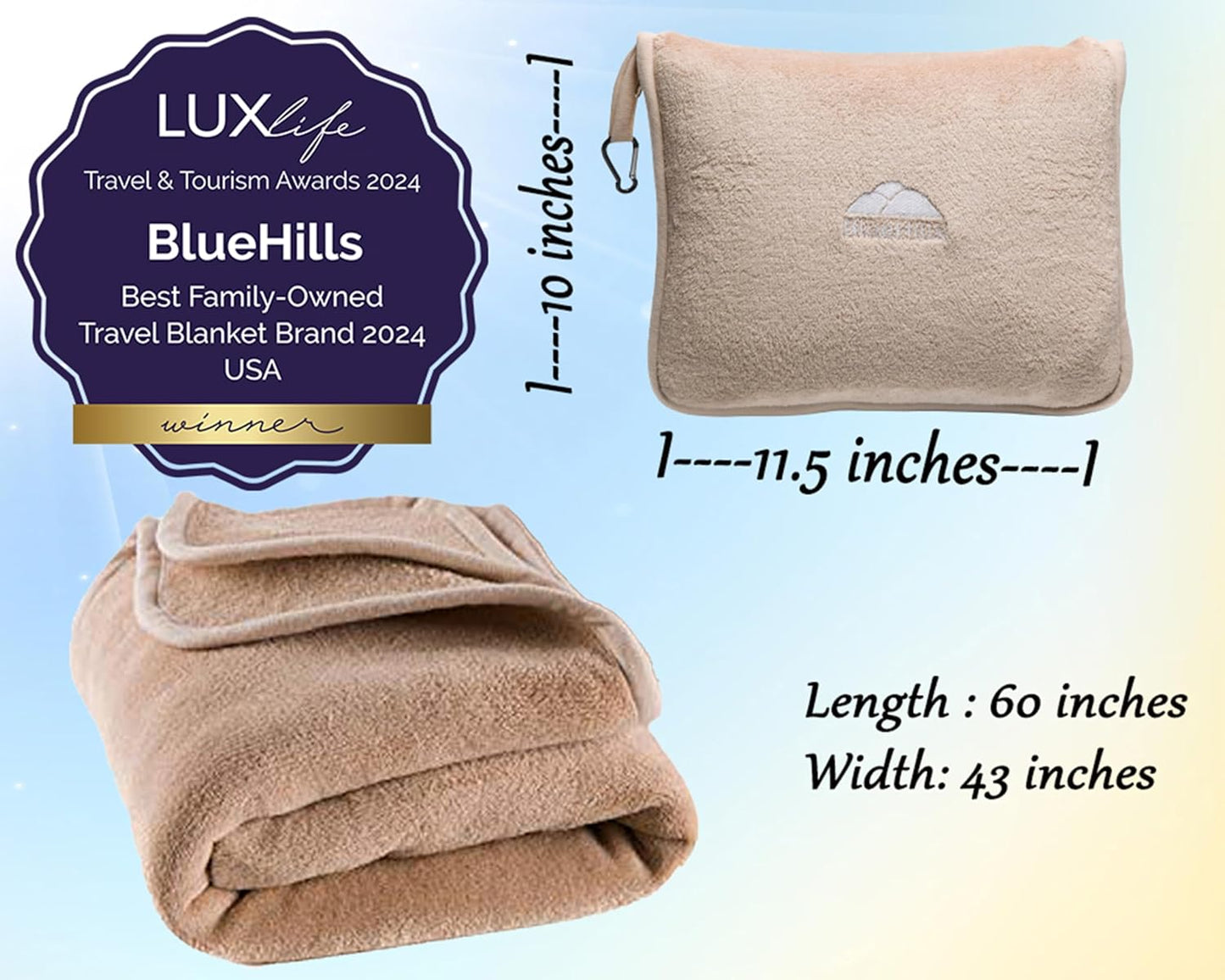 BlueHills Premium Soft Travel Blanket Pillow Airplane Blanket Packed in Soft Bag Pillowcase with Hand Luggage Belt Backpack Clip Compact Pack Large Portable Flight Throw Beige T005