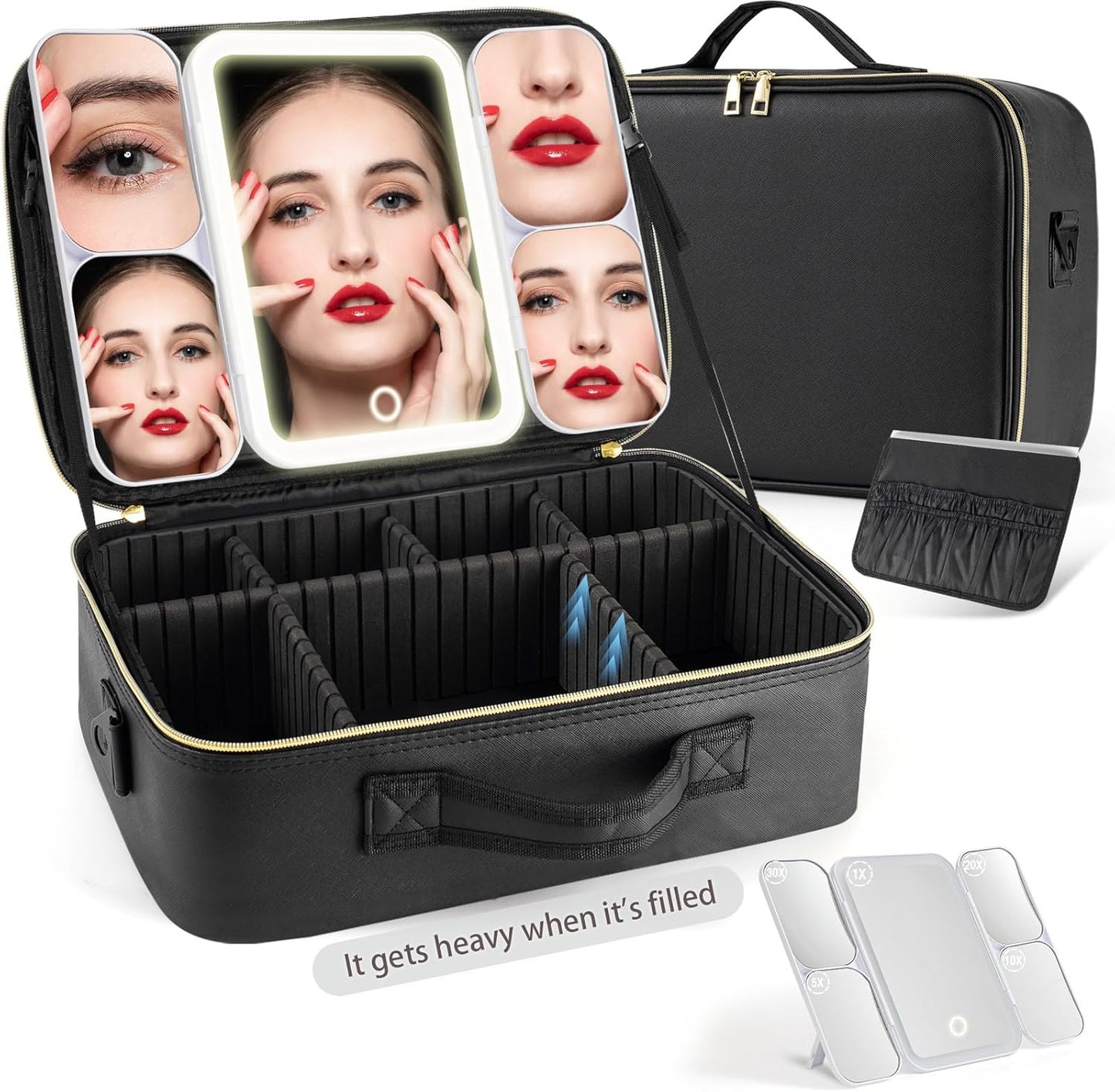 Extra Large Makeup Bag with LED 1X5X10X20X30X Magnifying Mirror and Travel Makeup Train Case Cosmetic Organiser with Mirror and Separate Makeup Brush Panel, Portable Adjustable Divider,Black-XL