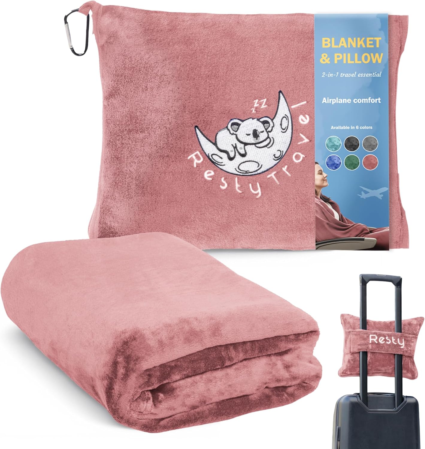 Resty 65"x40" Traveling Airplane Blanket, Pink – Lightweight, Velvety Soft Blanket That Becomes a Travel Pillow – Must-Have Comfort for Planes & Road Trips – Travel Essentials for Women & Men