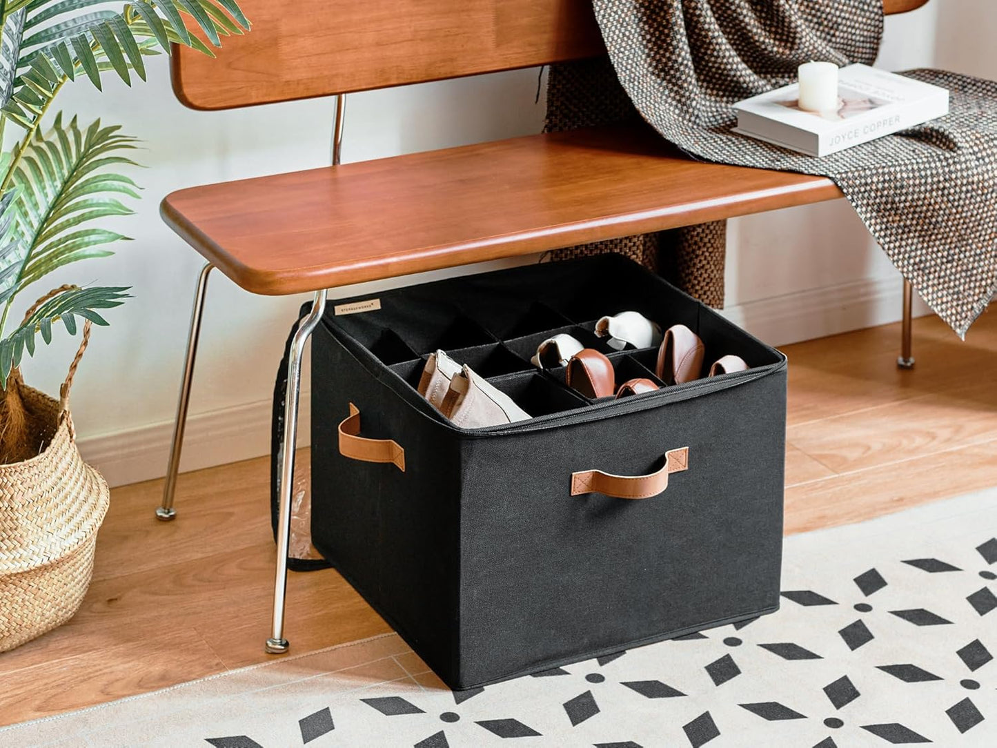 StorageWorks Shoe Organizer for Closet, Fits up to 16 Pairs, Shoe Cubby Storage Containers with Adjustable Dividers and Clear Cover, Black