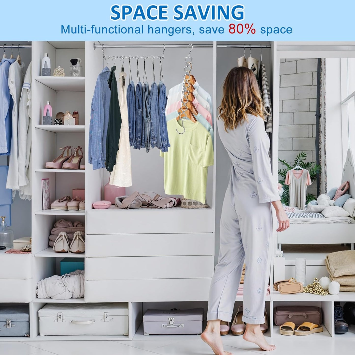 3 Pack Space Saving Hangers for Clothes, Heavy Duty 30Lbs Capacity Magic Clothes Space Saver Sturdy Metal Hanger Organizer with 360° Swivel Hook, Closet Organizers Storage Dorm Essentials Silver