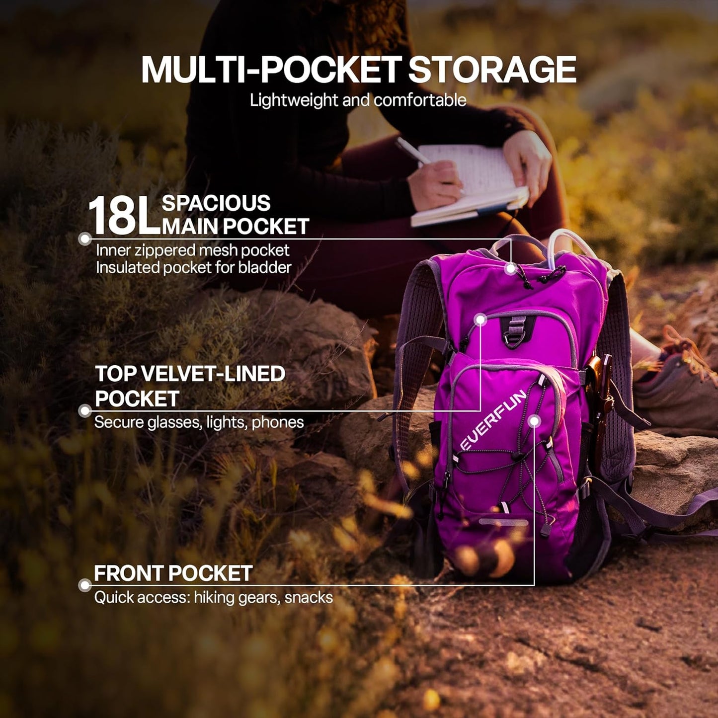 Everfun Hydration Backpack 18L with Water Bladder 2L/3L Hiking Water Backpack Women Men Hydration Pack Insulated Lightweight Day Hydropack with Storage for Hiking, Biking, Running, Festival