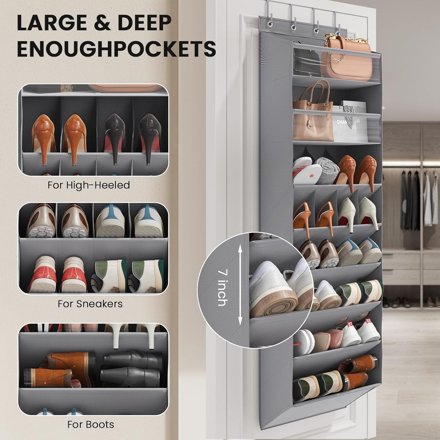 Over the Door Shoe Organizer for Closet, Shoes Rack with 8 Tier Large Deep Pockets, Hanging Shoe Organizers for Boot Storage, Behind the Door Narrow Shoe Holder for Small Shoes, Grey