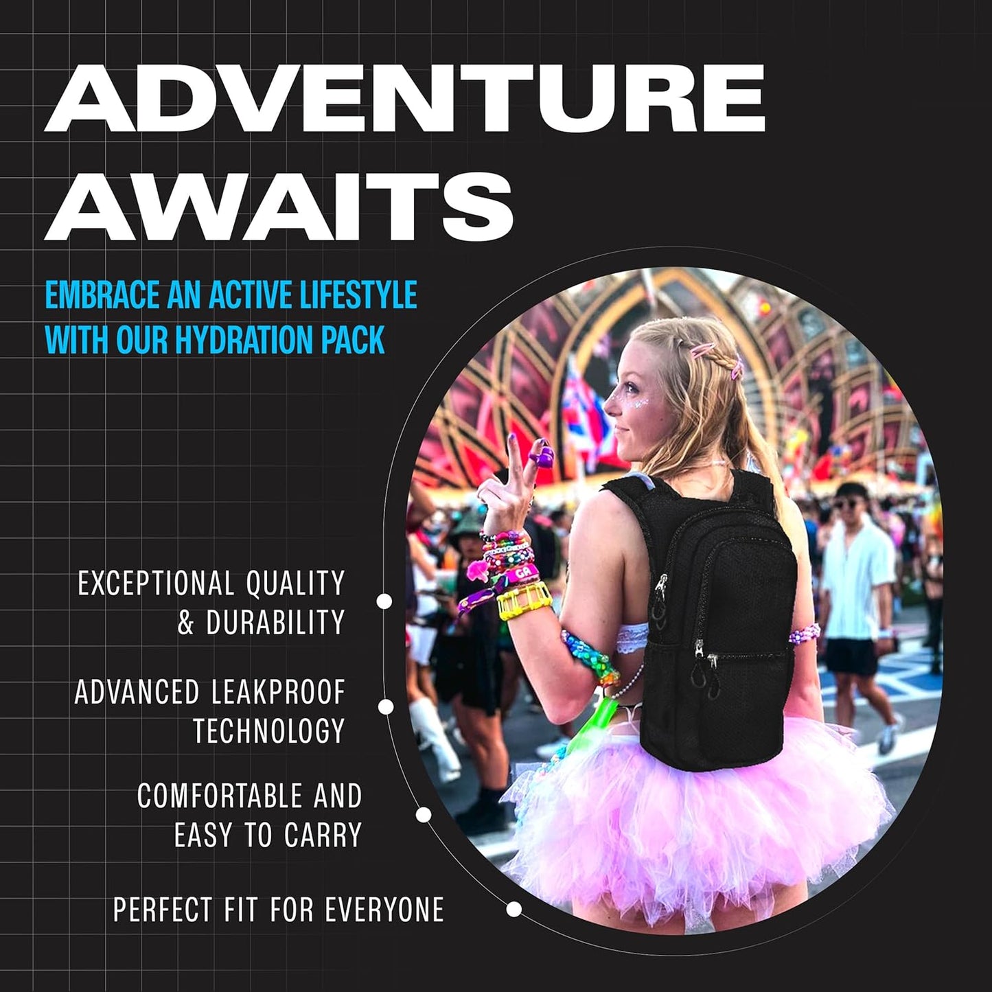 Sojourner Hydration Pack, Hydration Backpack - Water Backpack with 2l Hydration Bladder, Festival Essential - Rave Hydration Pack Hydropack Hydro for Hiking, Running, Biking, Festival Gear