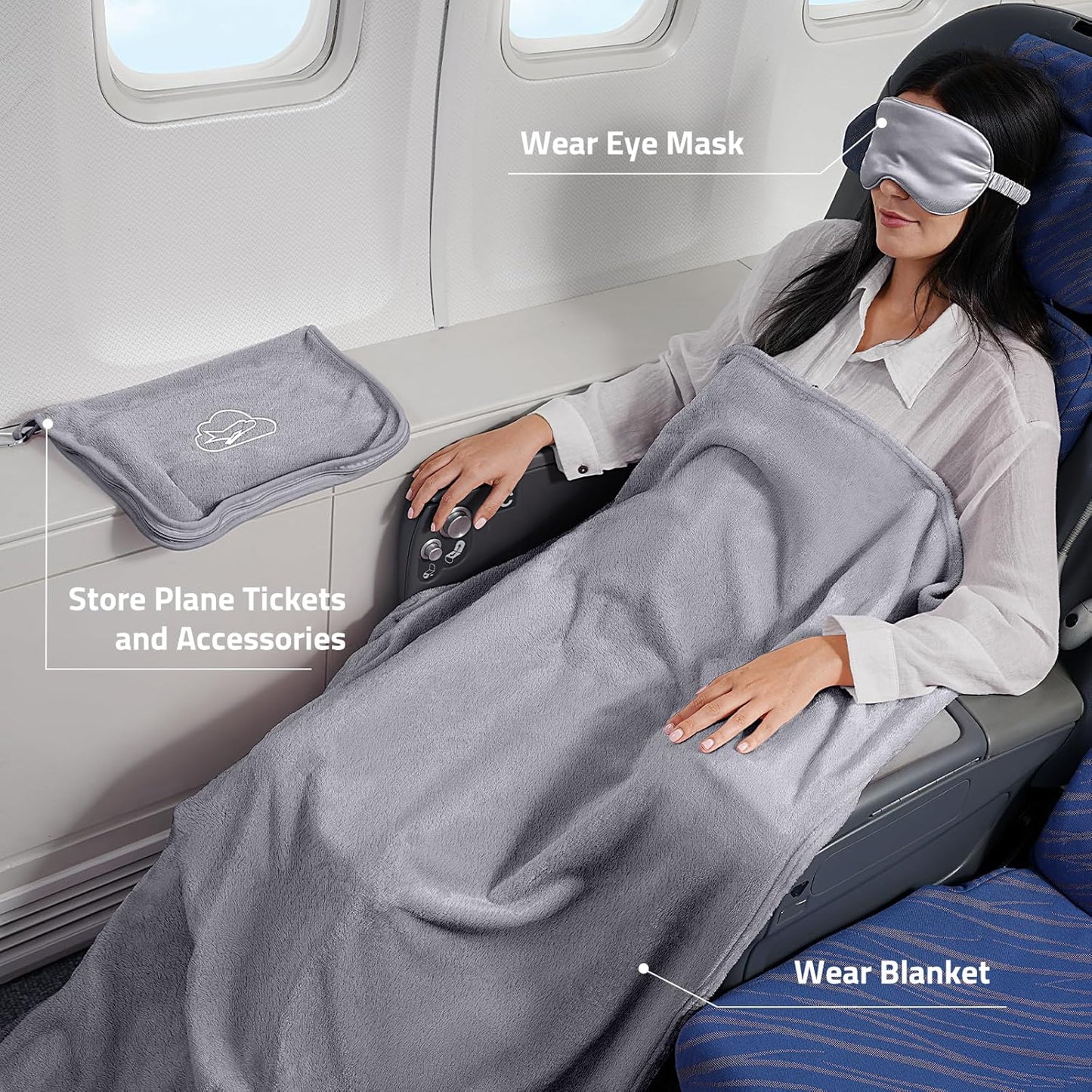 Travel Blanket, Ultra-Soft, Warm & Lightweight Travel Blanket Airplane with Bag, 65x40 in, Airplane Travel Essentials for Women, Men & Kids, Included Eye Mask, Luggage Sleeve & Backpack Clip