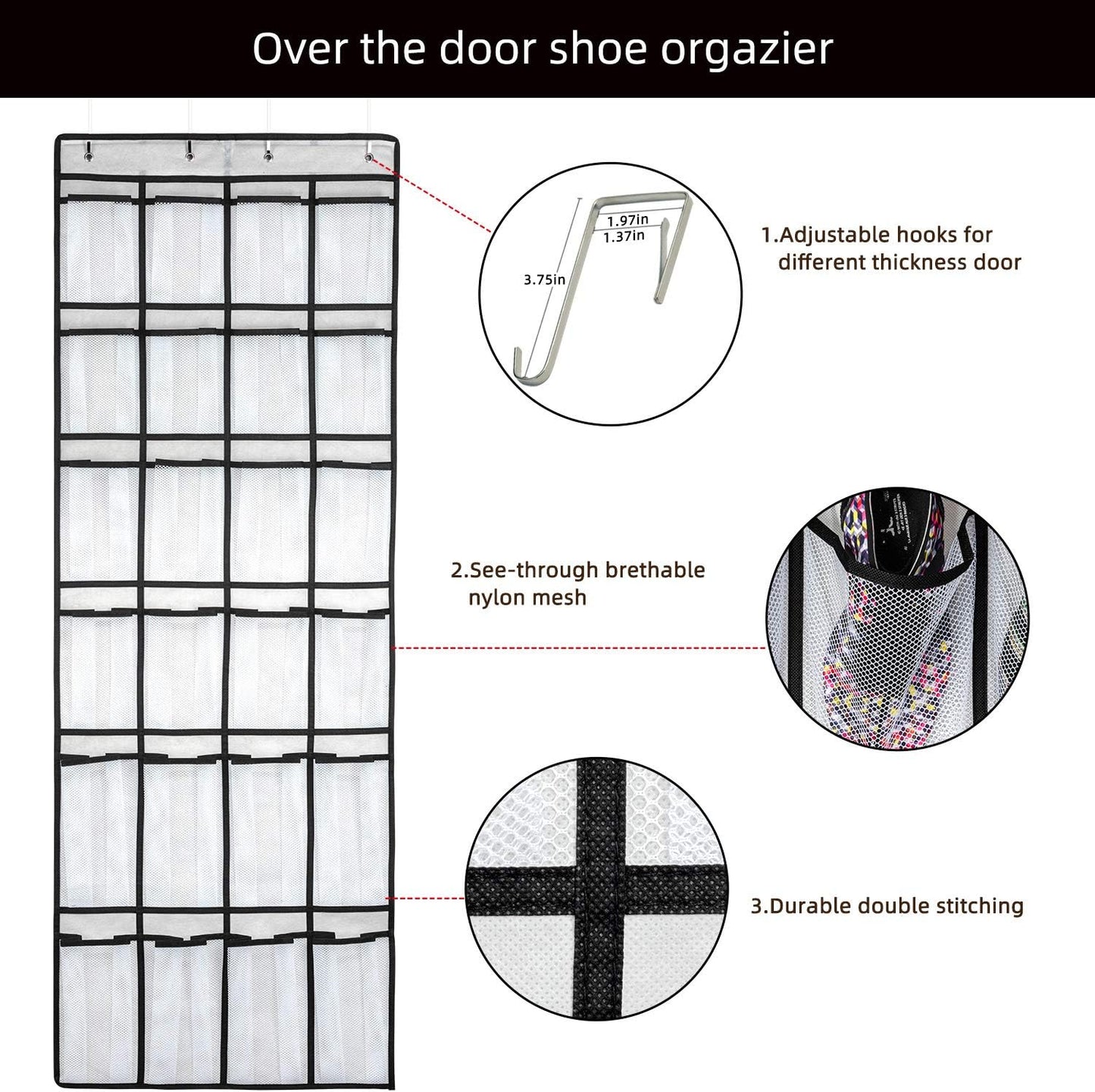Hanging Shoe Organizer, Over The Door Shoe Organizer with 24 Mesh Large Pockets Door Shoe Rack for Men Women Kids Hanging Door Shoe Holder Size:58x21 Inch (White-2pack)