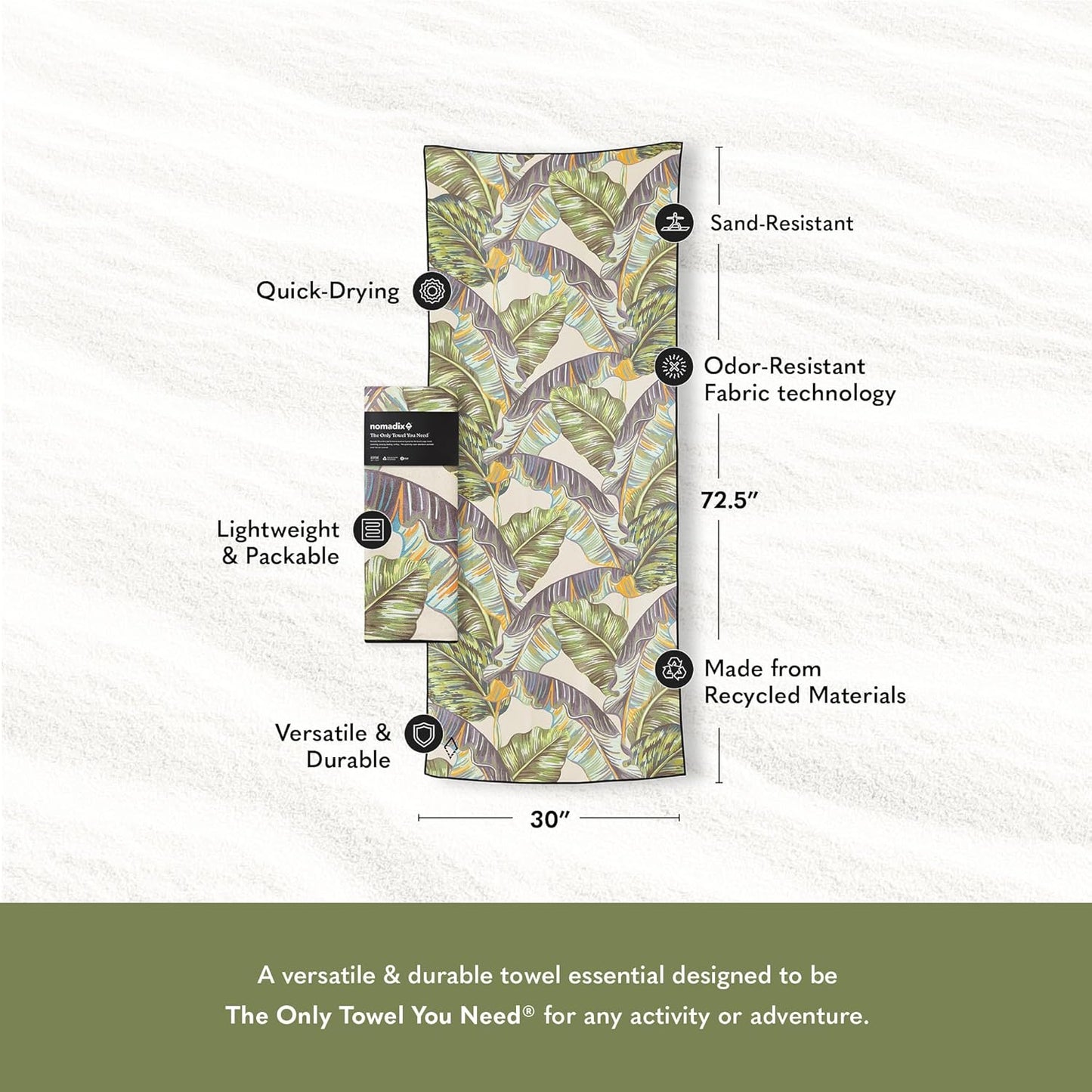 Nomadix Original Towel - Perfect for Beach, Pool, Travel, Camping, Yoga - Made with Recycled Materials - Super Absorbent - Sand Resistant - Banana Leaf Green - 72.5x30