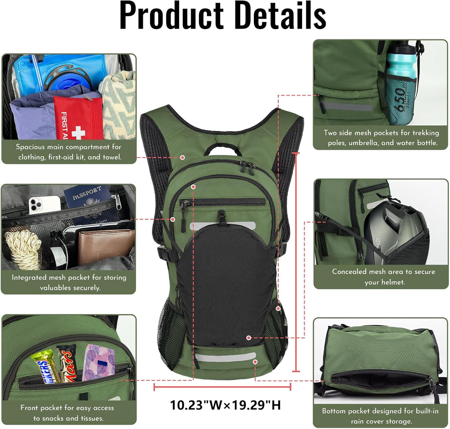 Zavothy 18L Hydration Backpack with 3L Water Bladder – Waterproof Hiking Pack with Insulated Bladder Compartment, Hidden Helmet Holder & Rain Cover – for Running, Cycling, and Camping