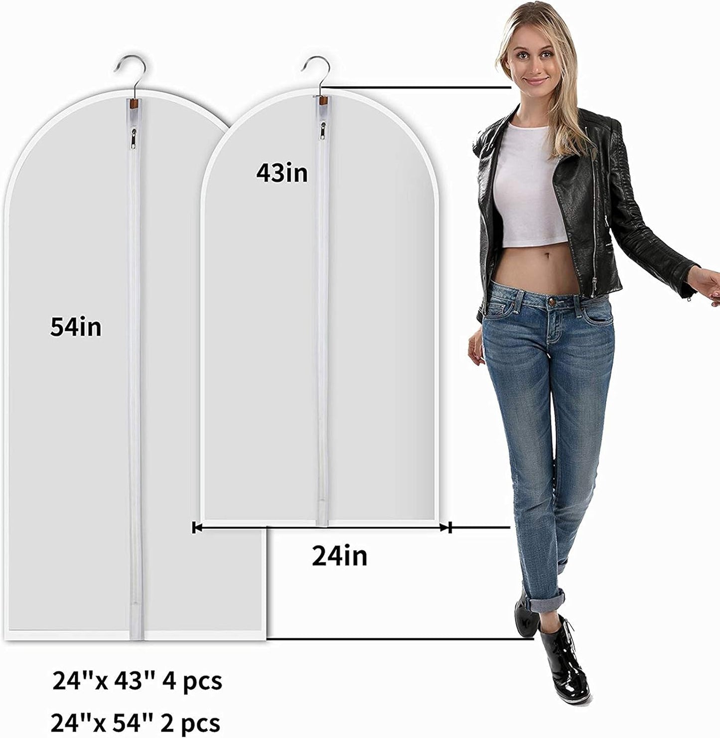 Garment Bags for Hanging Clothes, Clear Plastic Closet Storage Covers with Cedar Balls, 24" x 43"/54”, 6 Pack