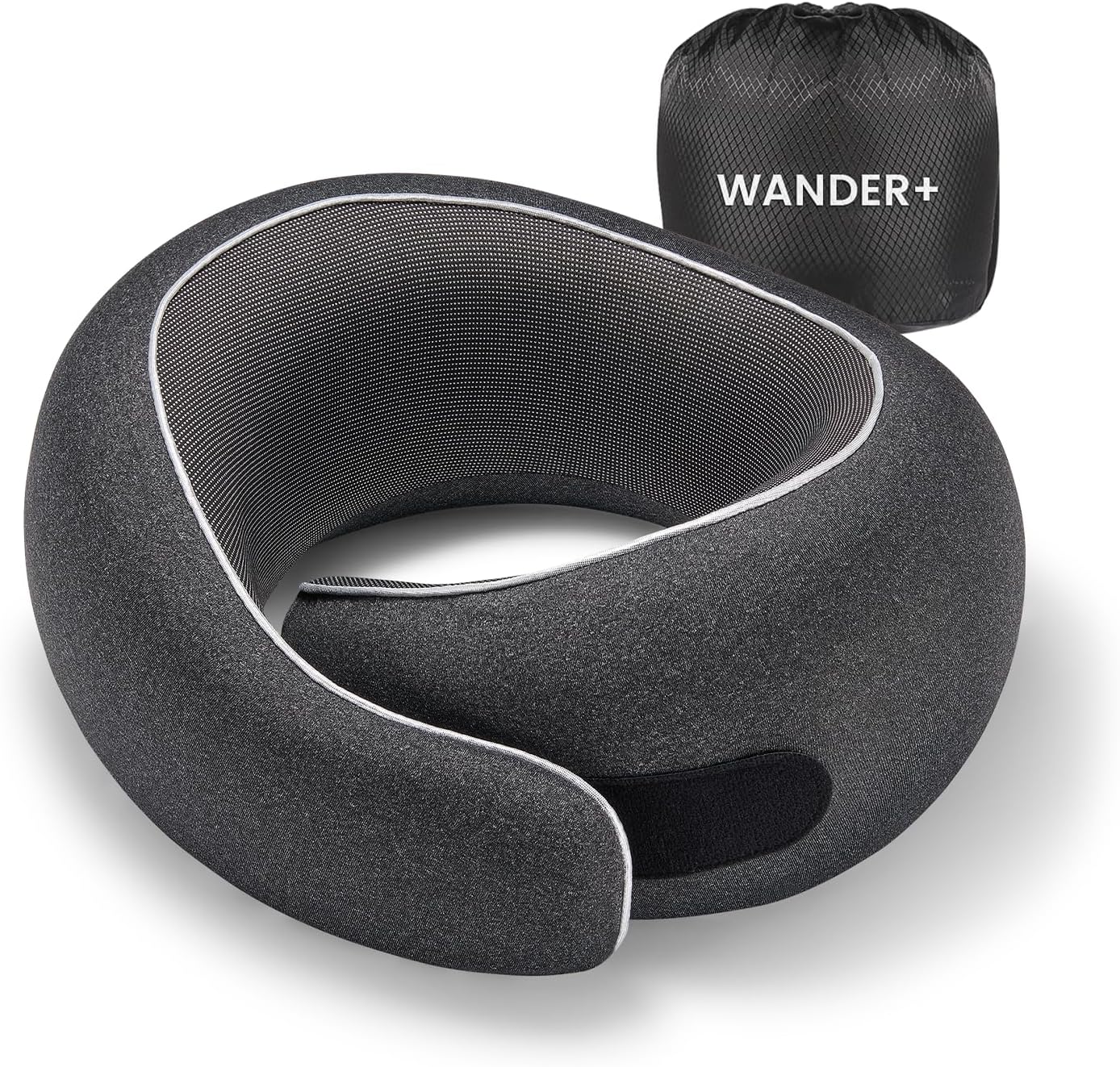 WANDER PLUS® Travel Neck Pillow, Pure Memory Foam Neck Pillow for Airplanes, Comfortable Breathable Cover, 360 Degree Support Ergonomic Design Best for Sleeping Plane Train Travel Essentials Max Black