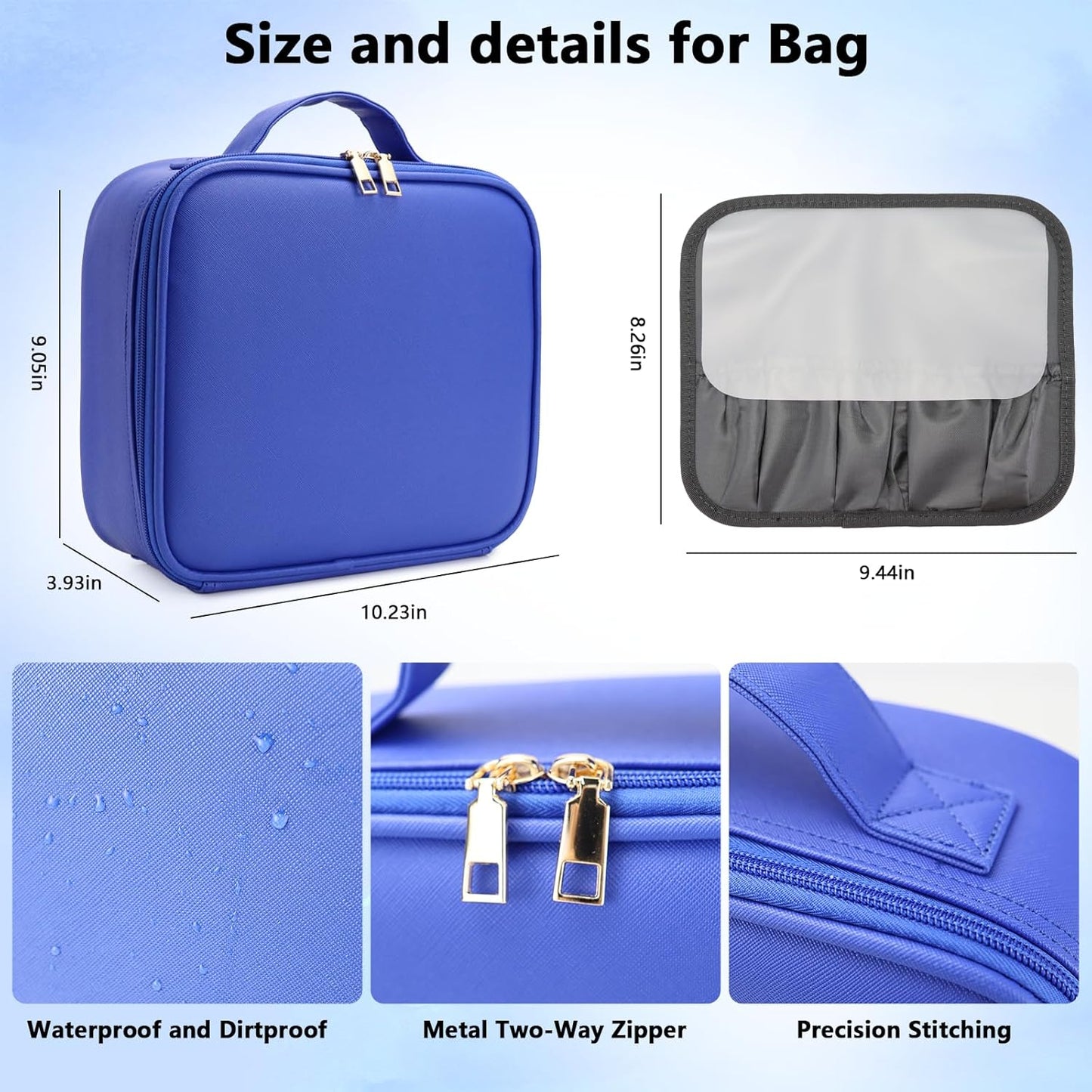 Travel Makeup Bag with LED Mirror Travel Makeup Organizer with 3 Lighted Settings, Adjustable Dividers and Makeup Brush Storage Bag Dark Blue