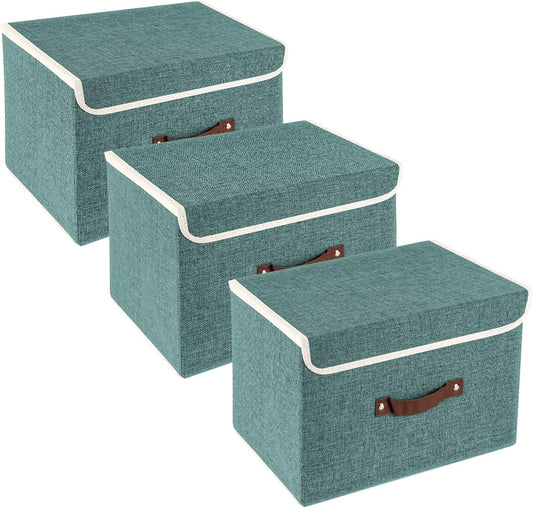 TYEERS Collapsible Storage Boxes, Washable Fabric Storage Bins with Lids, 14.9x9.8x9.8 inches, 3 Pack, Aqua Deep