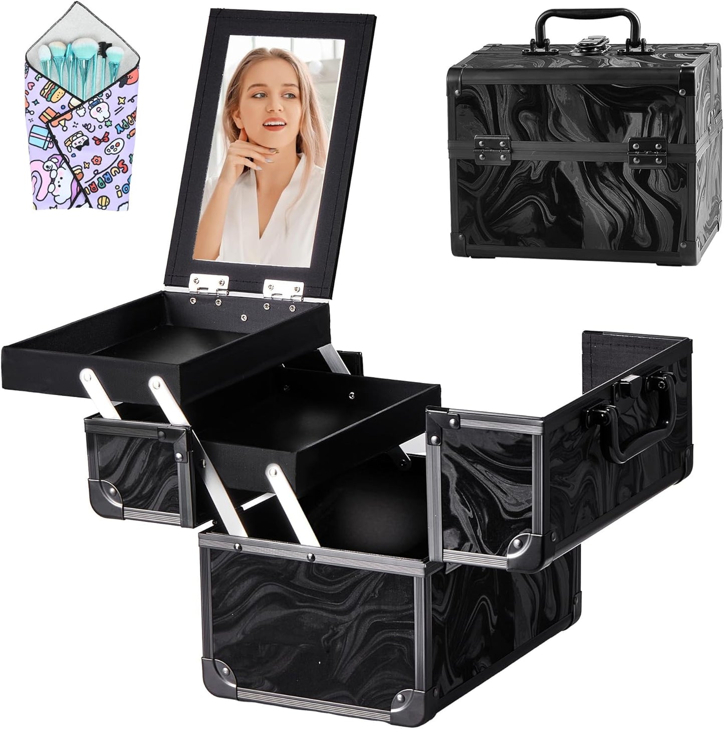 Makeup Train Case, Portable Makeup Case with Mirror, 2-Trays Cosmetic Organizer Case,Nail Polish Organizer, Travel Makeup Box, Profesional for Salon Barber, Pattern Black