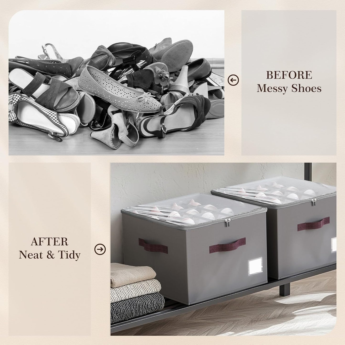 Criusia Shoe Organizer for Closet, 3 Pack Shoe Organizer with Transparent Cover and Sturdy Handles, Closet Shoe Storage for Sneakers Sandals Slippers, Fit 12-16 Pairs, Gray