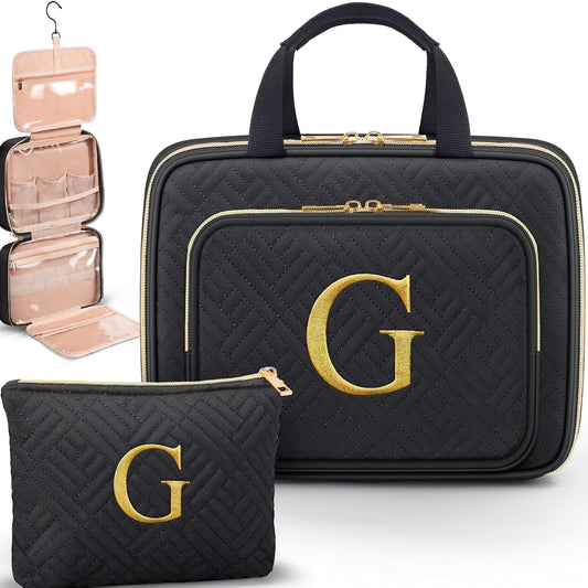 Gifts for Women, Initial Toiletry Makeup Bag Hanging Cosmetic Organizer with Embroidery Letter Personalized Nurse Teacher Appreciation Gift Birthday Christmas Gifts for Mom Sister Wife Friend Auntie