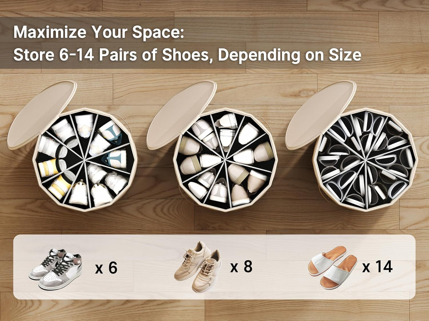 Vailando Shoe Organizer for Closet - Cylindrical Shoe Storage Organizer with Adjustable Dividers for Closet, Foldable Shoe Storage Box, Beige, 2-Pack, Large