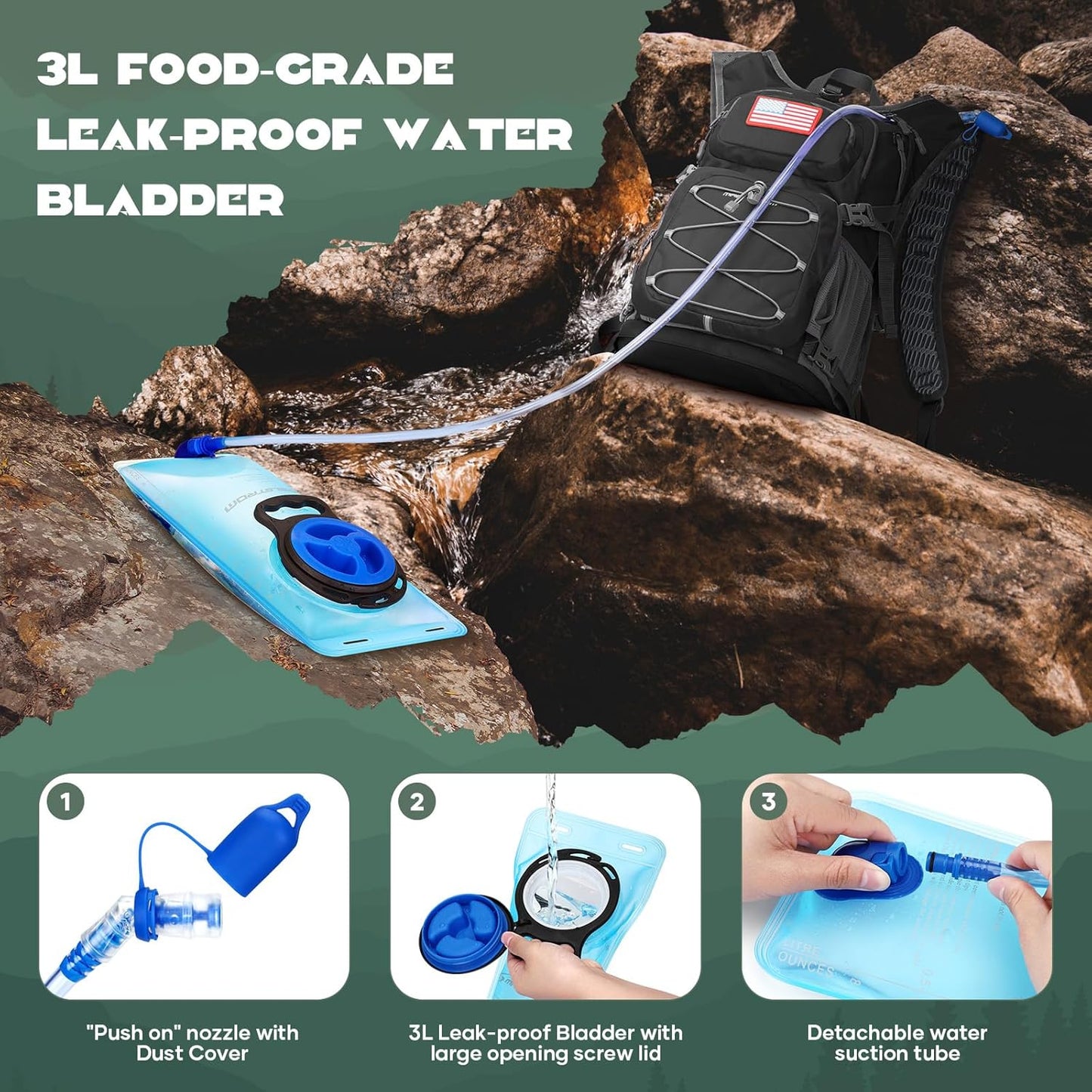 Maelstrom Hydration Hiking Backpack with 2L/3L Water Bladder, High Flow Bite Valve Camping Daypack Lightweight