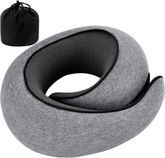 REDOFF®Travel Pillow for Neck Support, Memory Foam Neck Pillow for Airplane, Car, Office - Adjustable Strap with Magic Tape, Breathable & Portable with Storage Bag（Dark Grey