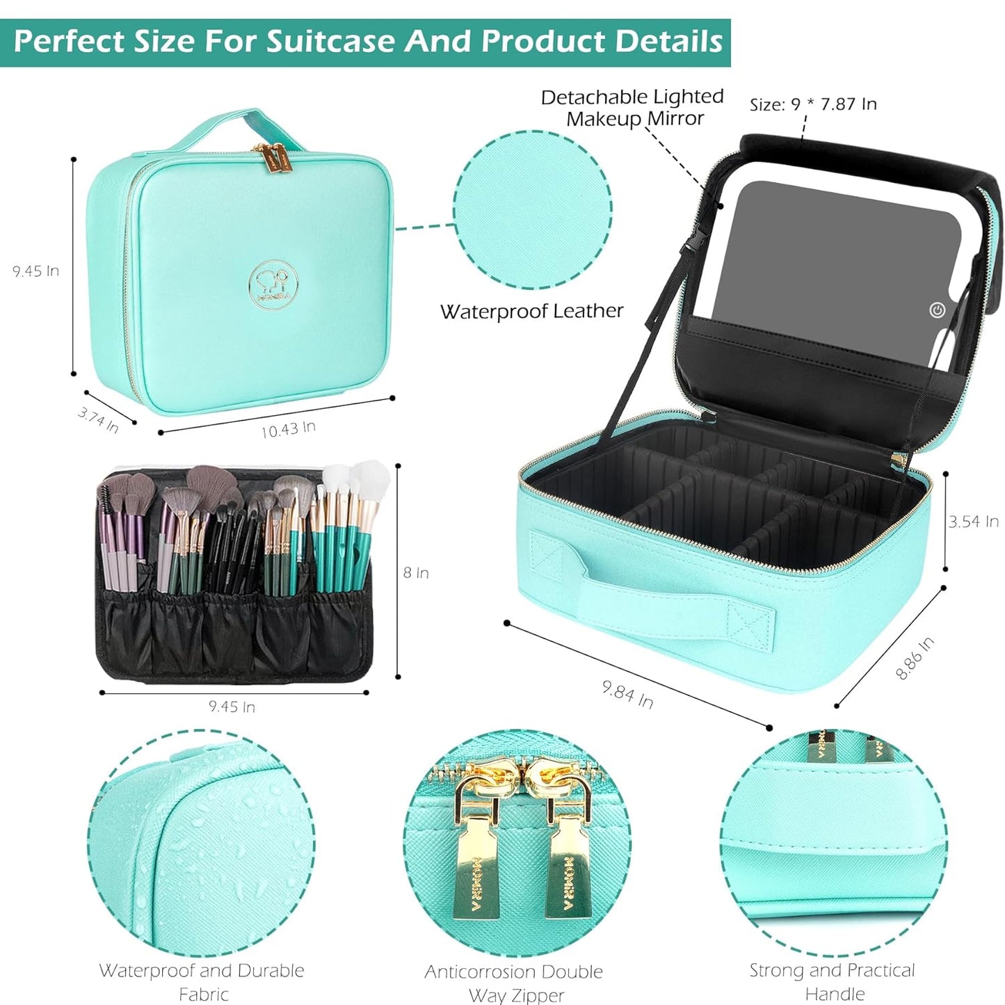 MOMIRA Travel Makeup Bag Cosmetic Bag Makeup Organizer Bag with Lighted Mirror, Adjustable Brightness in 3 Color Scenarios, Waterproof Makeup Train Case, Gift for Women - Aqua Blue