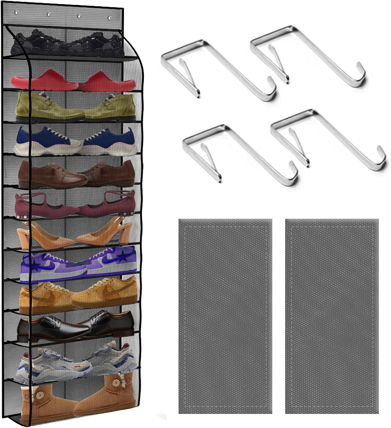 12 Pocket Over the Door Shoe Organizer,Reusable Breathable Large Mesh Bag Men's & Women's Sneaker Organizer,Shoe Organizer for Kids,Hanging Shoe Storage Hanging Bag (Gray)