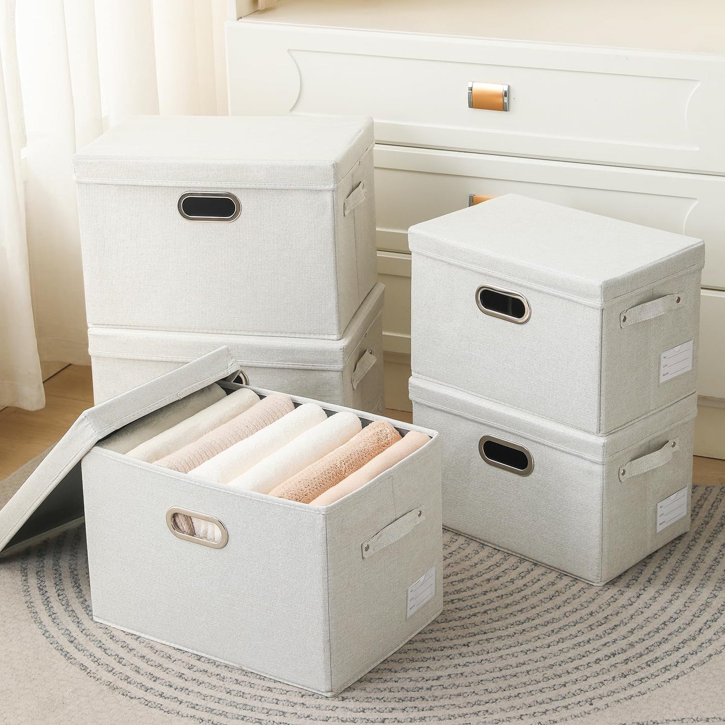 PRANDOM Large Collapsible Storage Bin with Lid [1-Pack] Fabric Foldable Storage Box Organizer Container Basket Cube with Cover for Home Bedroom Closet Office Beige (17.3x11.8x11.8)