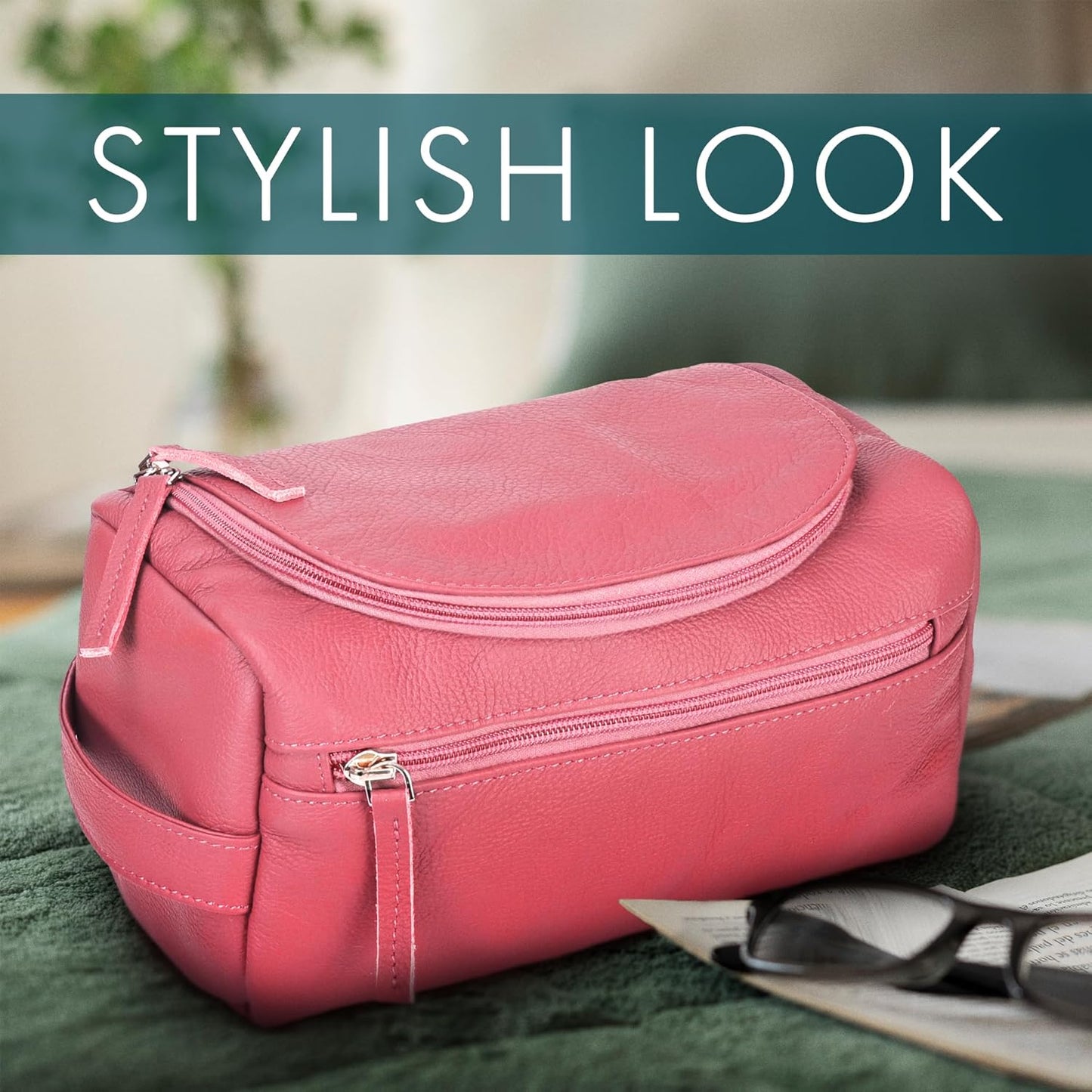 ELIZO Premium REAL Leather Toiletry Bag for Men Dopp Kitt Hanging Mens Toiletry Large TSA Toiletries Bag Shaving Grooming Bag Organizer Espresso (Pink, Large)