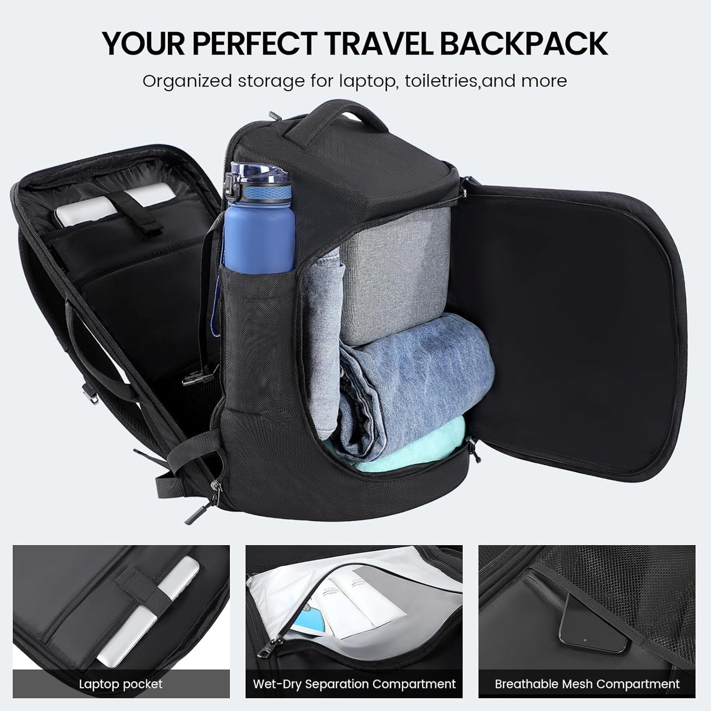 Large Travel Backpack for Men 40L, Carry On Backpack TSA 17.3 Inch Laptop Mochila Flight Approved, Large Business Daypack Waterproof,Carry on bag Weekender College for Men Women, Black