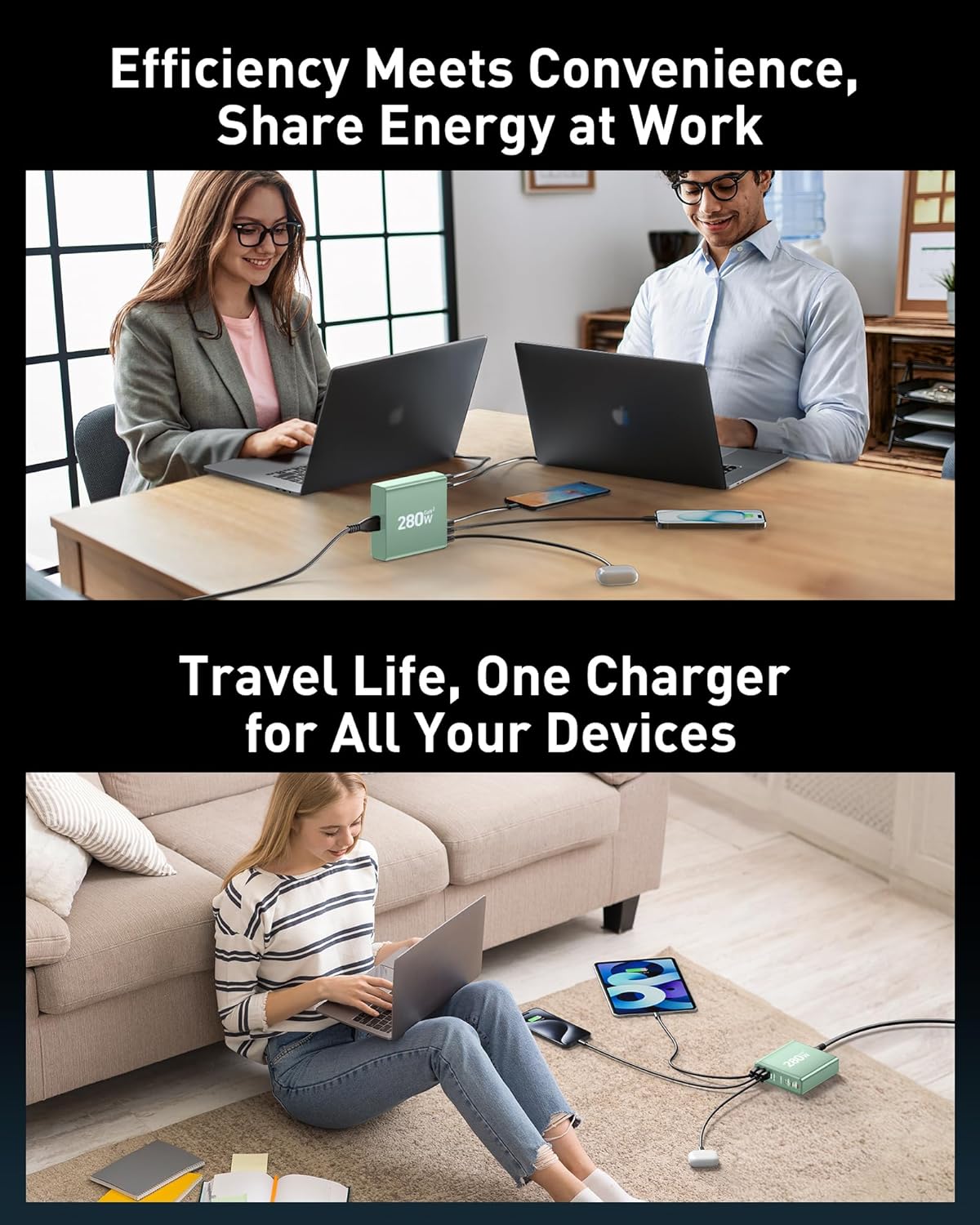 280W USB C Charger Block, 8-Port USB C Charging Station GaN III PD 65W Laptop Charger Adapter Compatible with MacBookPro/Air,DELL,iPad,Portable Charging Station for iPhone,Samsung Galaxy(Green)