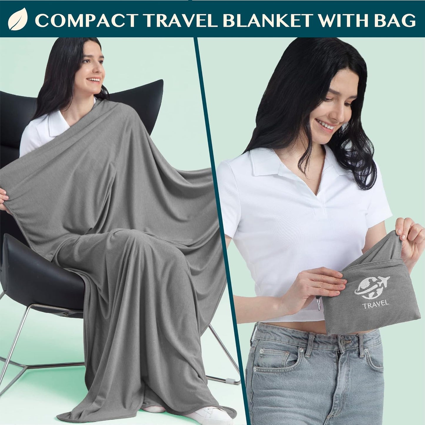 PAVILIA Soft Travel Blanket, Compact Airplane Blanket in Bag, Portable Blanket Pillow Set, Lightweight and Packable Plane Flight Car Trips Travel Home Office Gift Accessories, Gray, 65x40 inches