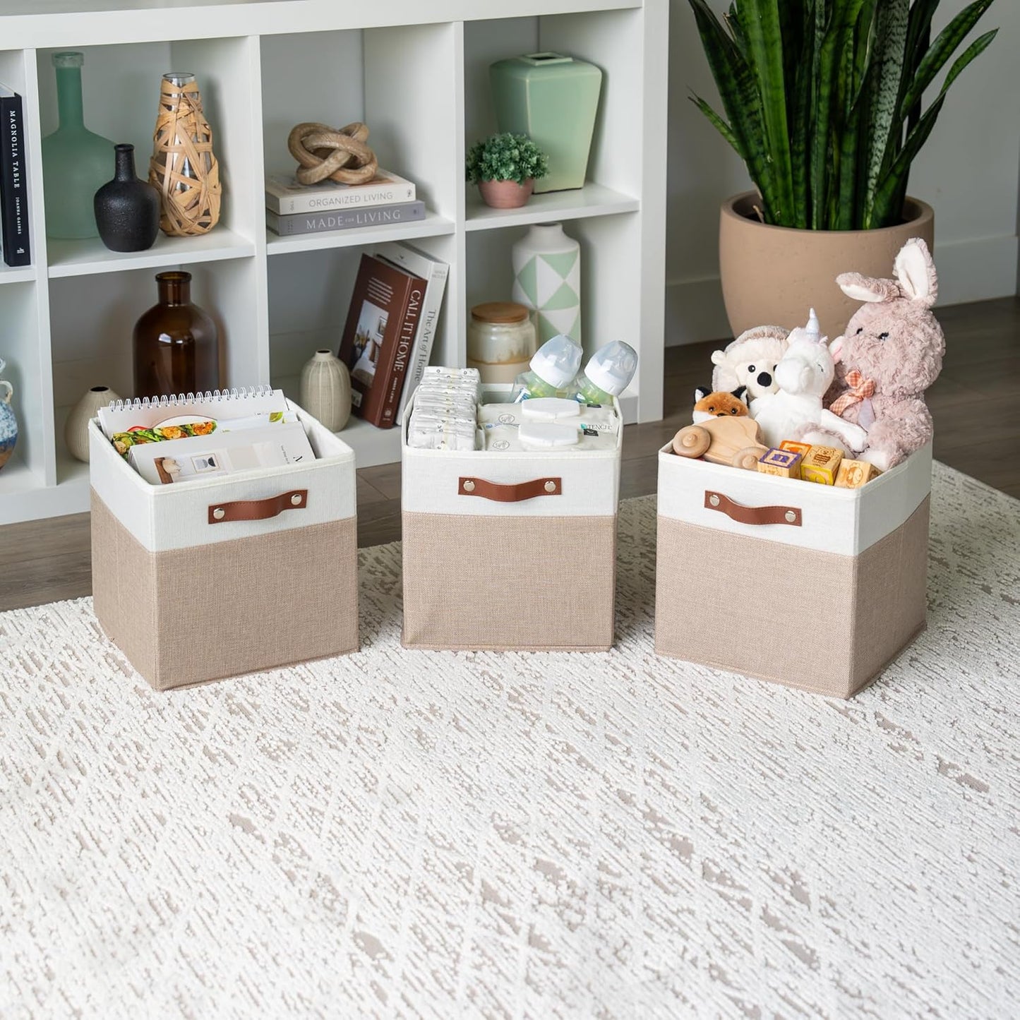 OrganiHaus 11x11 Fabric Cubes Storage Bins Set of 4, Foldable Collapsible Fabric Storage Bins for Organizer, Cubbies Organizer for Kallax, Linen Cube Shelf Baskets, Toy Organizing boxes - Beige/White