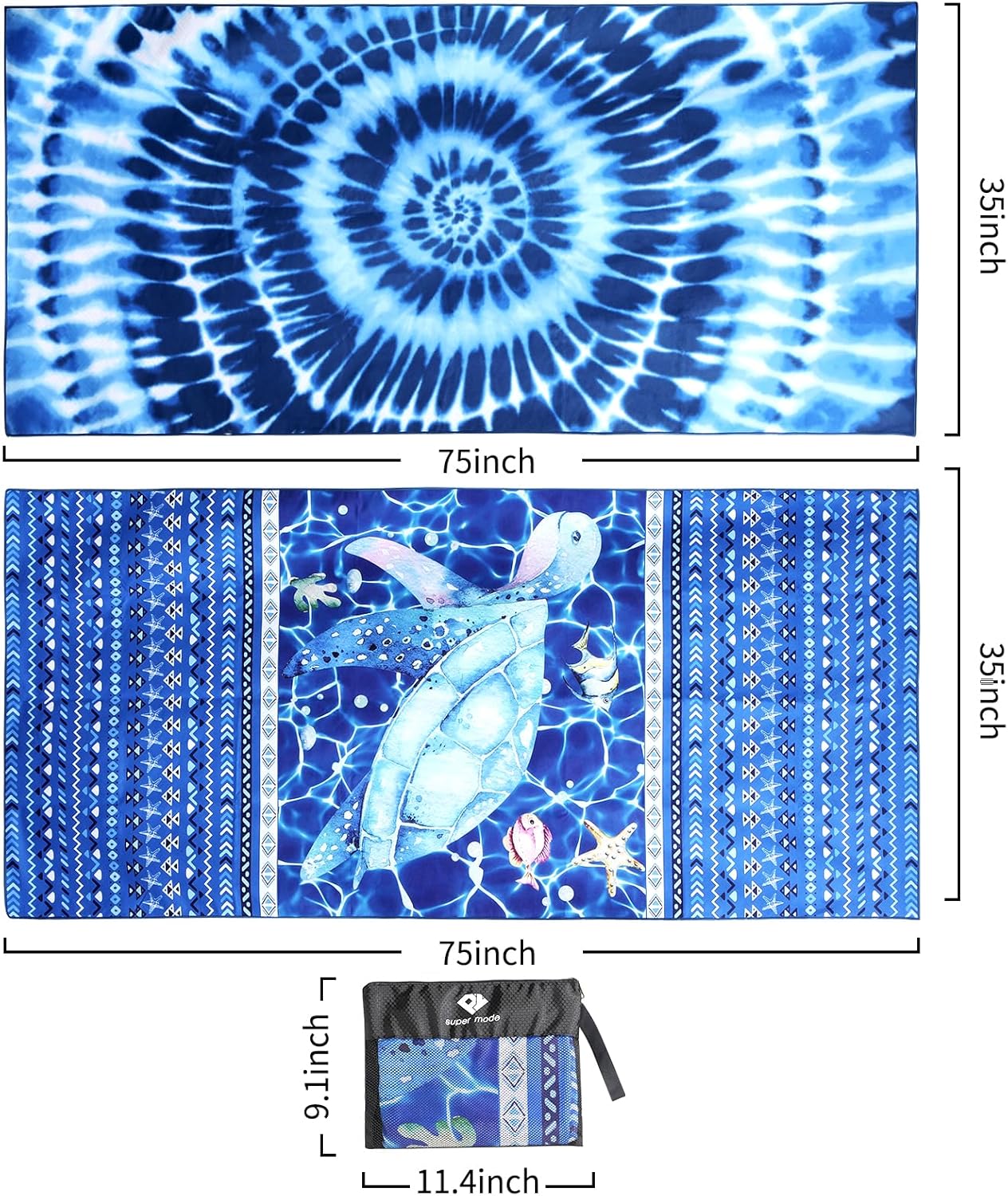 2 Pack Microfiber Beach Towel, Blue and Blue Oversized Pool Towel 75”x 35”, Sand-Free Quick Drying Camping Super Absorbent Bath Blanket, Soft Breathable and Lightweight