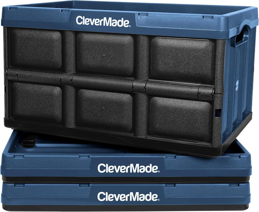 CleverMade Collapsible Storage Bins - Ocean 3 Pack 62L / 16 Gal holds 100 lbs - Stackable Containers Heavy Duty Capacity Crates-Space-Saving