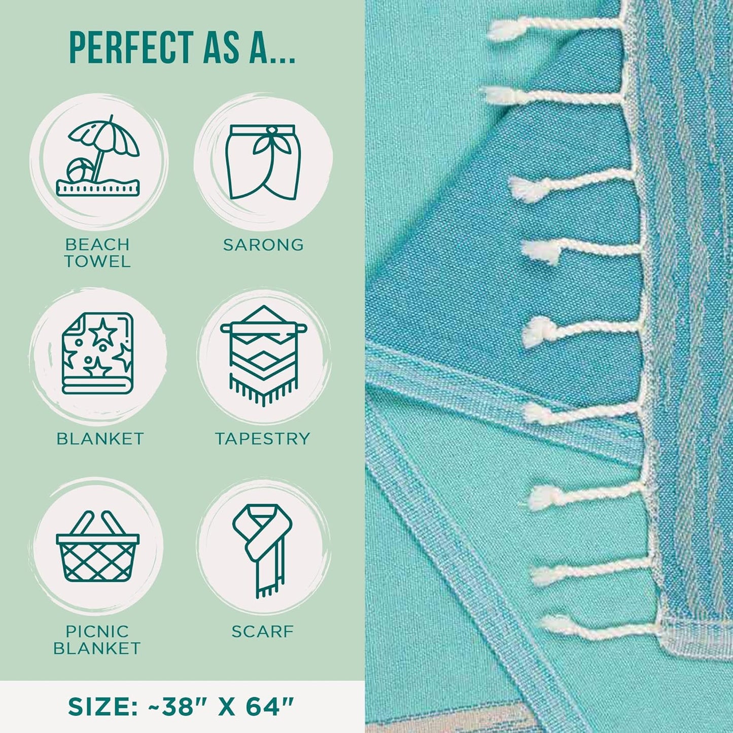 Sand Cloud Turkish Beach Towel - Sand Free - 100% Organic Turkish Cotton Yarn - Quick Dry Towel for Beach, Picnic Blanket or Throw - As Seen on Shark Tank - Waves